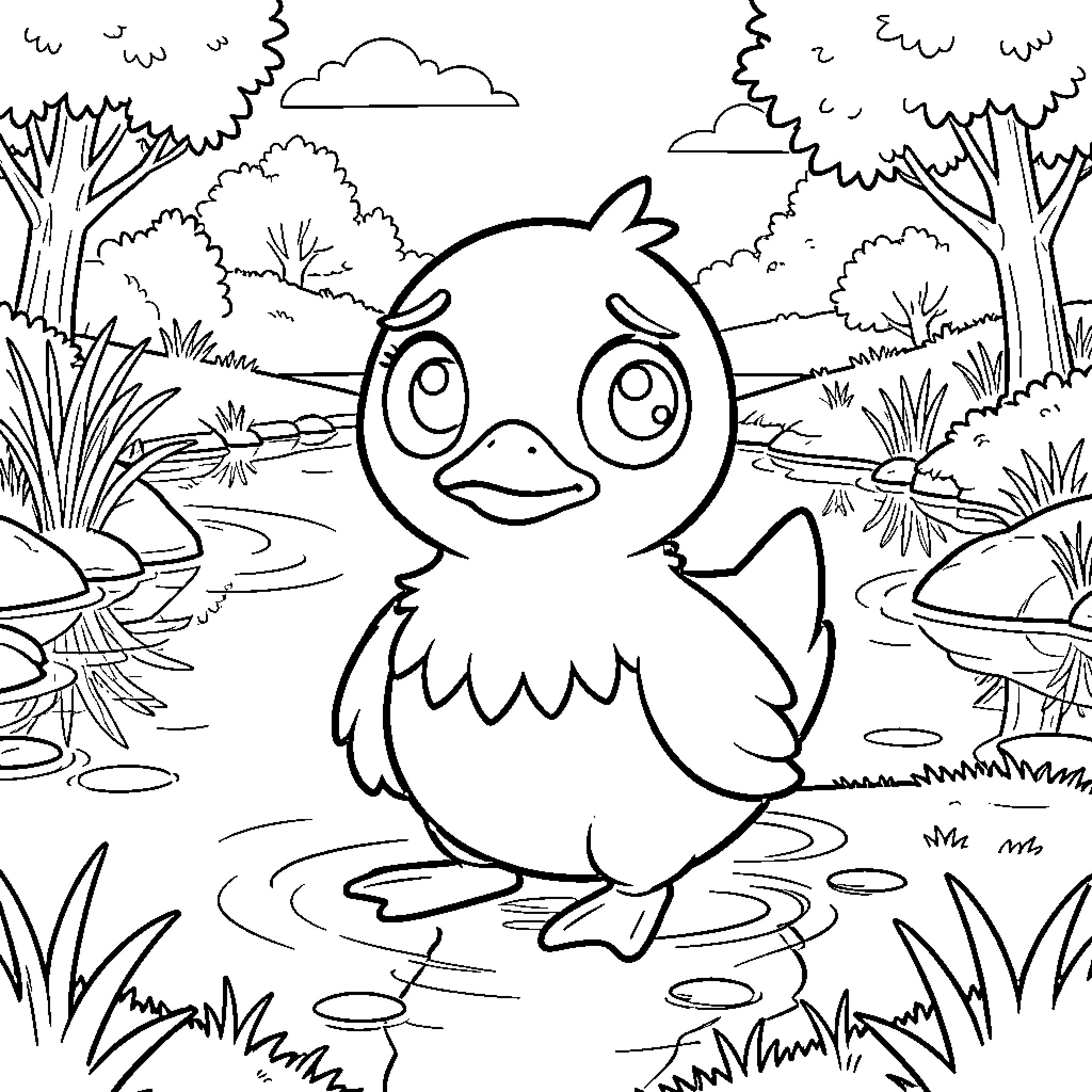 Psyduck relaxing in a serene pond scene Coloring Page (free black-and-white line drawing printable PDF for all, from beginners to advanced learners, including children, teens, adults, and seniors)