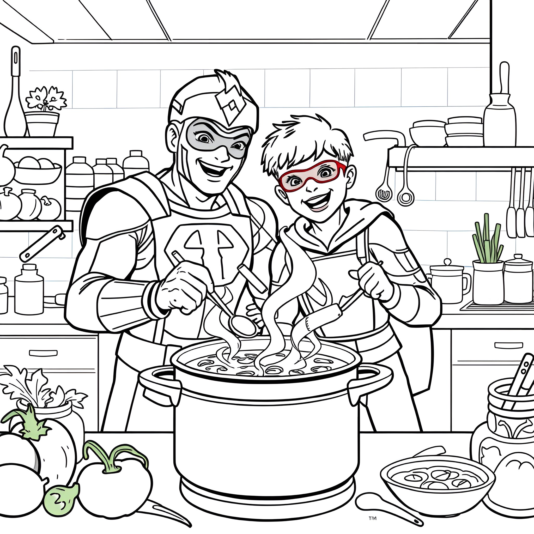Captain Man and Boy Wonder Cooking Together Coloring Page (free black-and-white line drawing printable PDF for all, from beginners to advanced learners, including children, teens, adults, and seniors)