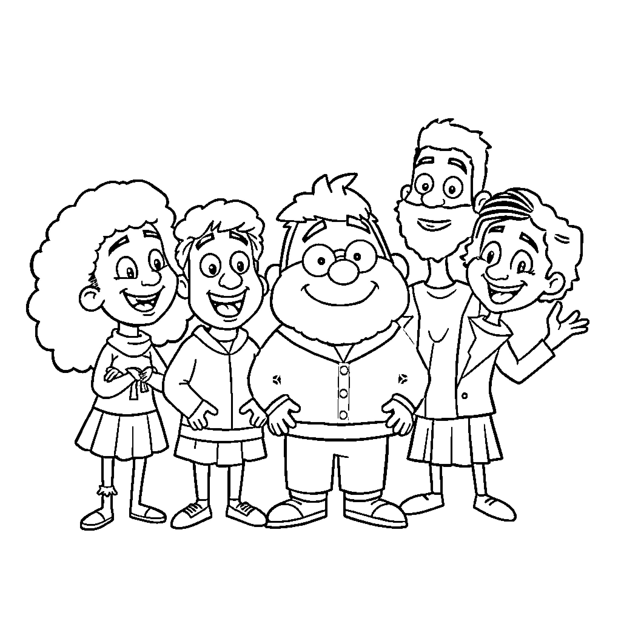 31 Minutes Characters in a Group Shot Coloring Page (free black-and-white line drawing printable PDF for all, from beginners to advanced learners, including children, teens, adults, and seniors)