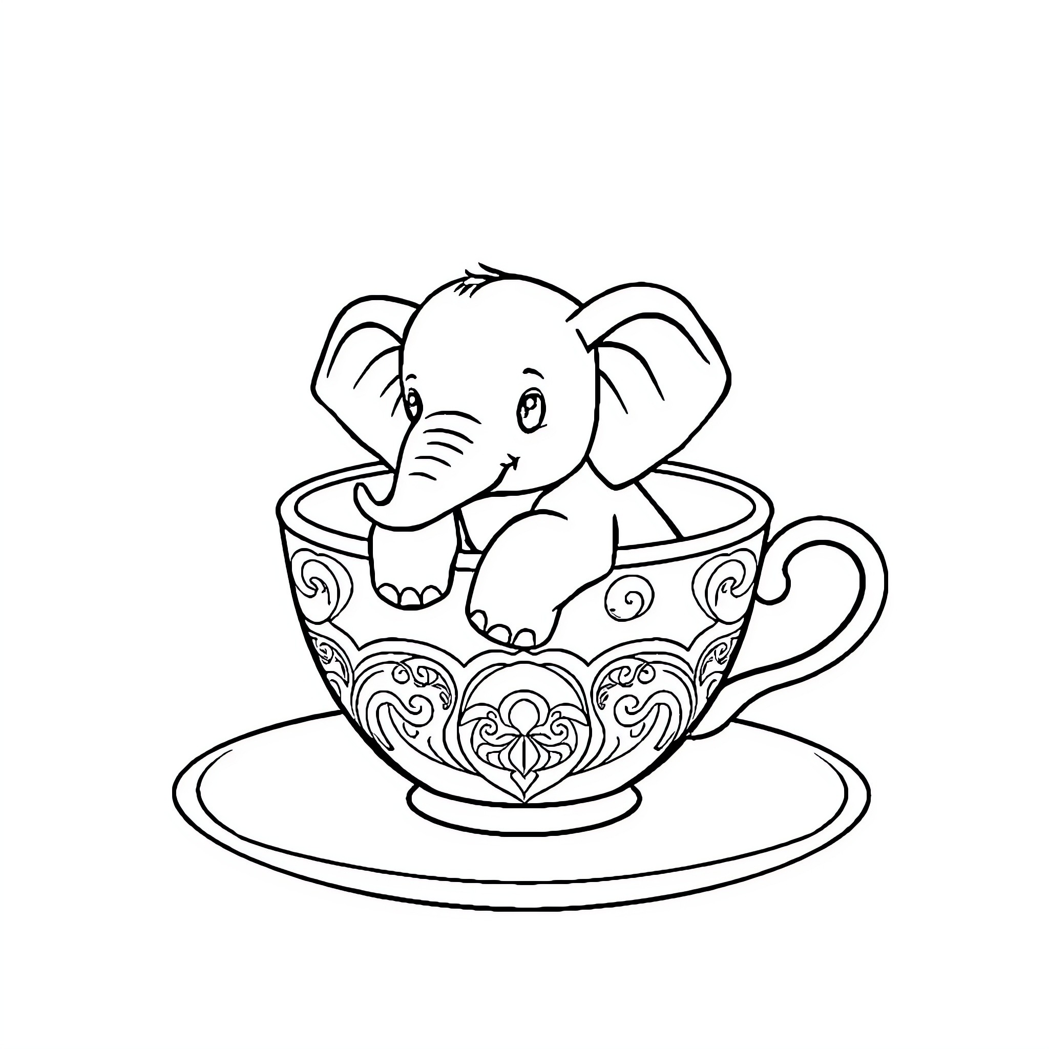 Elephant sitting in a decorative teacup Coloring Page (free black-and-white line drawing printable PDF for all, from beginners to advanced learners, including children, teens, adults, and seniors)
