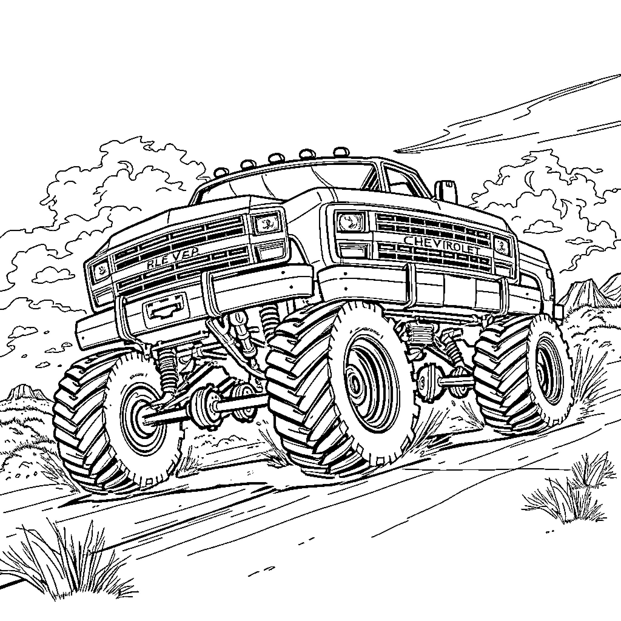 Chevy Truck Monster Truck Driving on Rugged Terrain Coloring Page (free black-and-white line drawing printable PDF for all, from beginners to advanced learners, including children, teens, adults, and seniors)