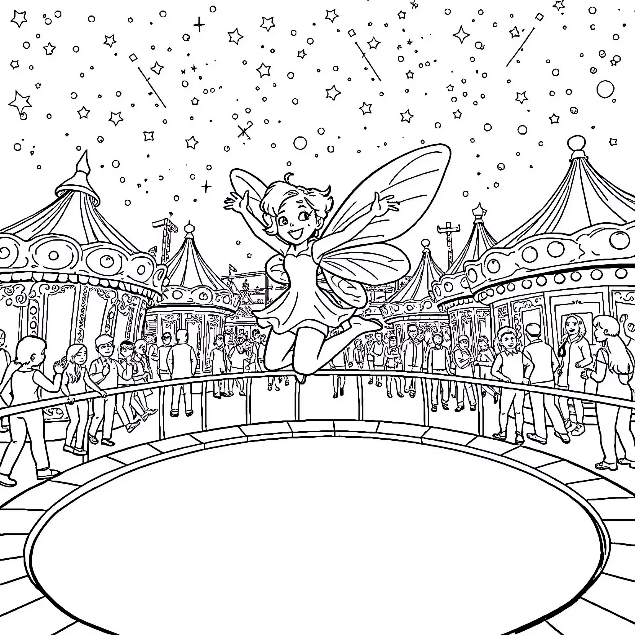 Feetosia's Festive Fairground Coloring Page (free black-and-white line drawing printable PDF for all, from beginners to advanced learners, including children, teens, adults, and seniors)