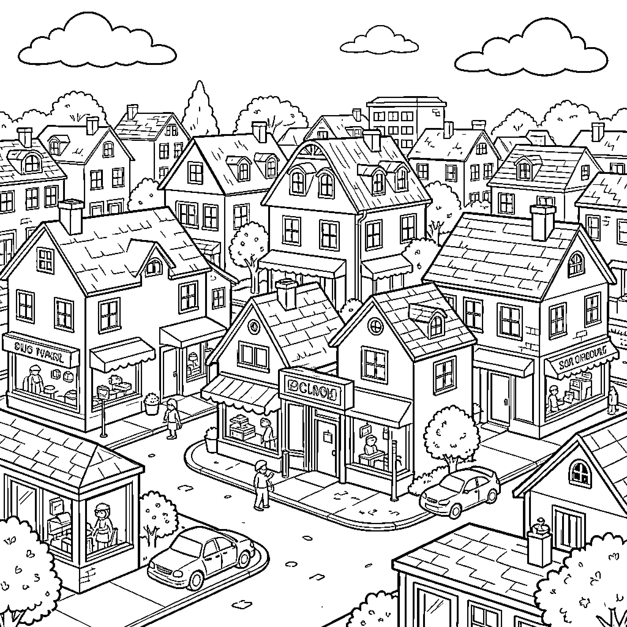 Weaville viewing a busy street in a small town Coloring Page (free black-and-white line drawing printable PDF for all, from beginners to advanced learners, including children, teens, adults, and seniors)