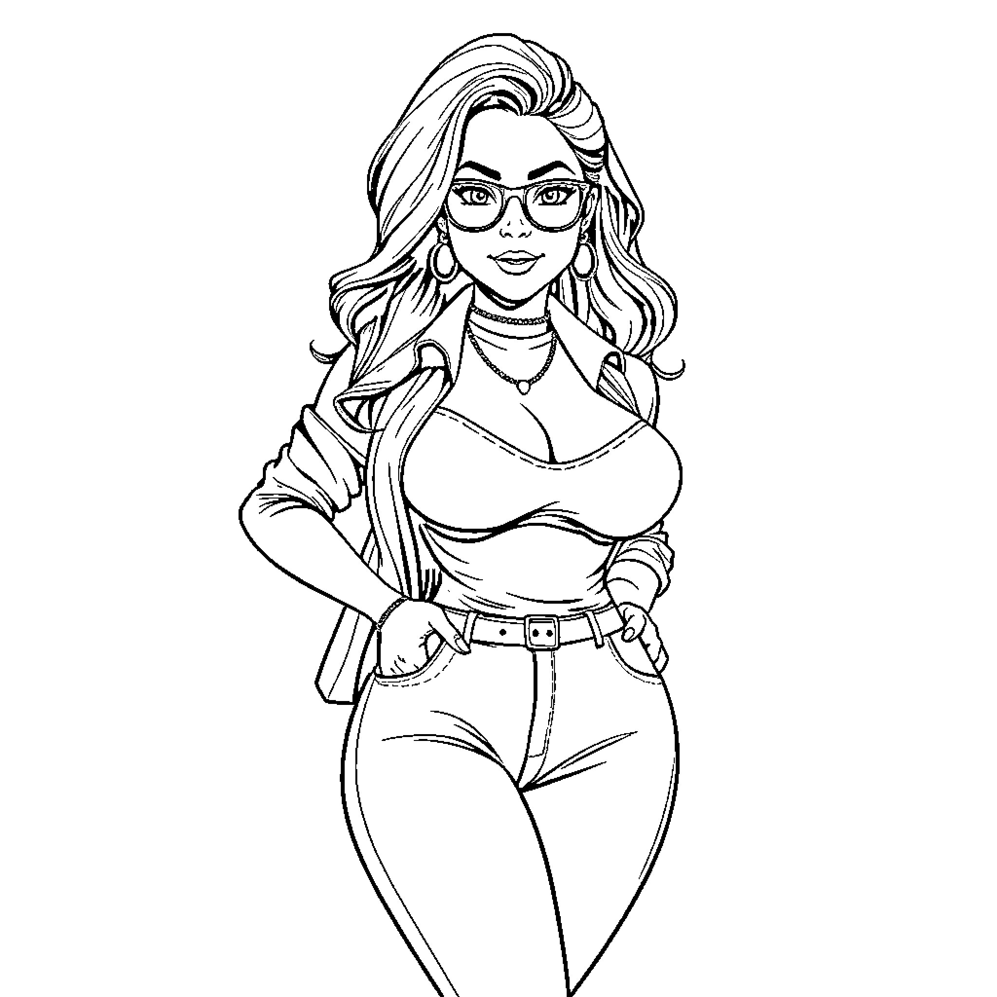 Girl in Stylish Attire Posing Confidently Coloring Page (free black-and-white line drawing printable PDF for all, from beginners to advanced learners, including children, teens, adults, and seniors)