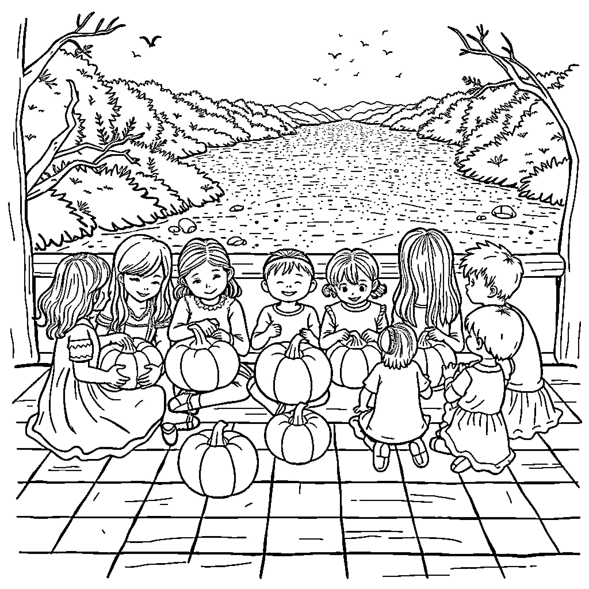 Children enjoying autumn scenery and pumpkins Coloring Page (free black-and-white line drawing printable PDF for all, from beginners to advanced learners, including children, teens, adults, and seniors)