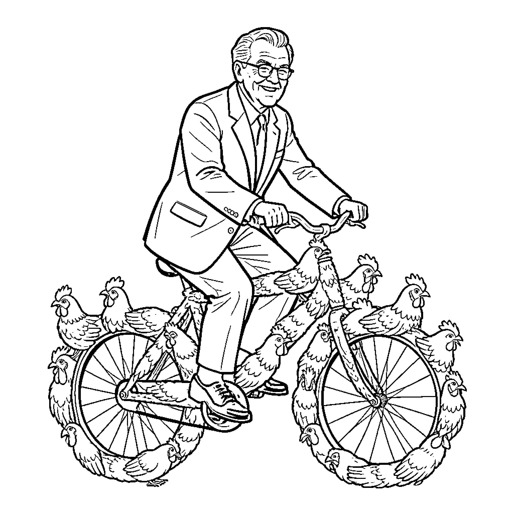 Colonel Sanders riding a bicycle surrounded by chickens Coloring Page (free black-and-white line drawing printable PDF for all, from beginners to advanced learners, including children, teens, adults, and seniors)