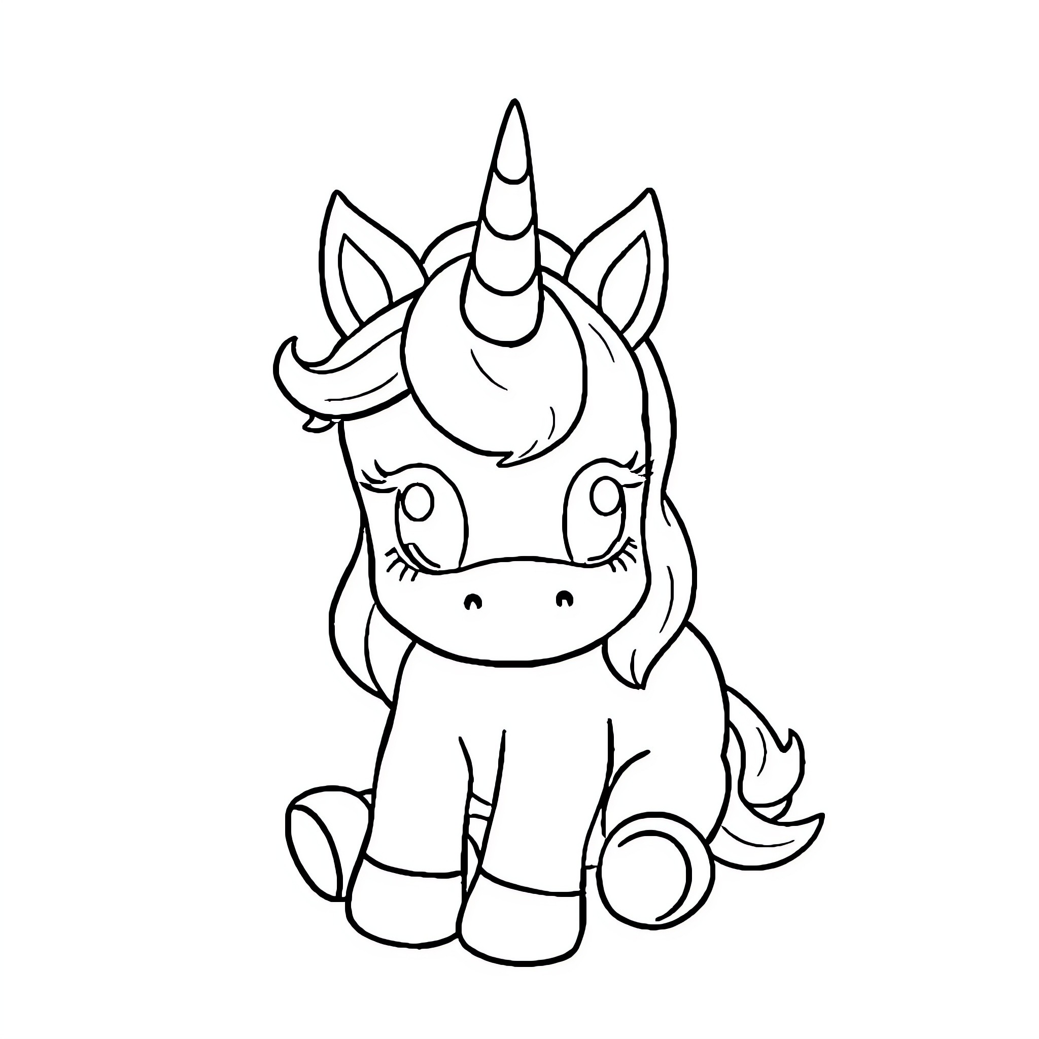 Baby Unicorn Sitting Sweetly Coloring Page (free black-and-white line drawing printable PDF for all, from beginners to advanced learners, including children, teens, adults, and seniors)