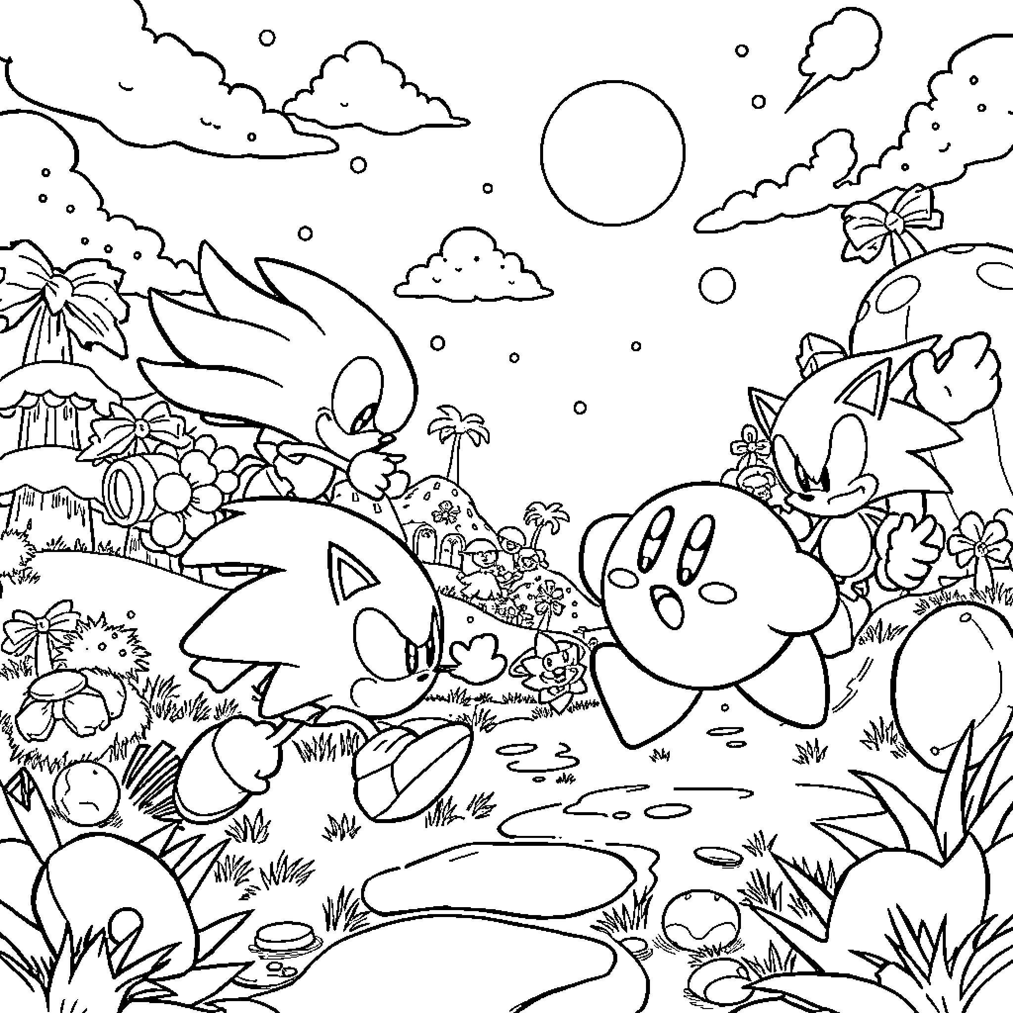 Kirby and Friends Explore the Whimsical Landscape Coloring Page (free black-and-white line drawing printable PDF for all, from beginners to advanced learners, including children, teens, adults, and seniors)
