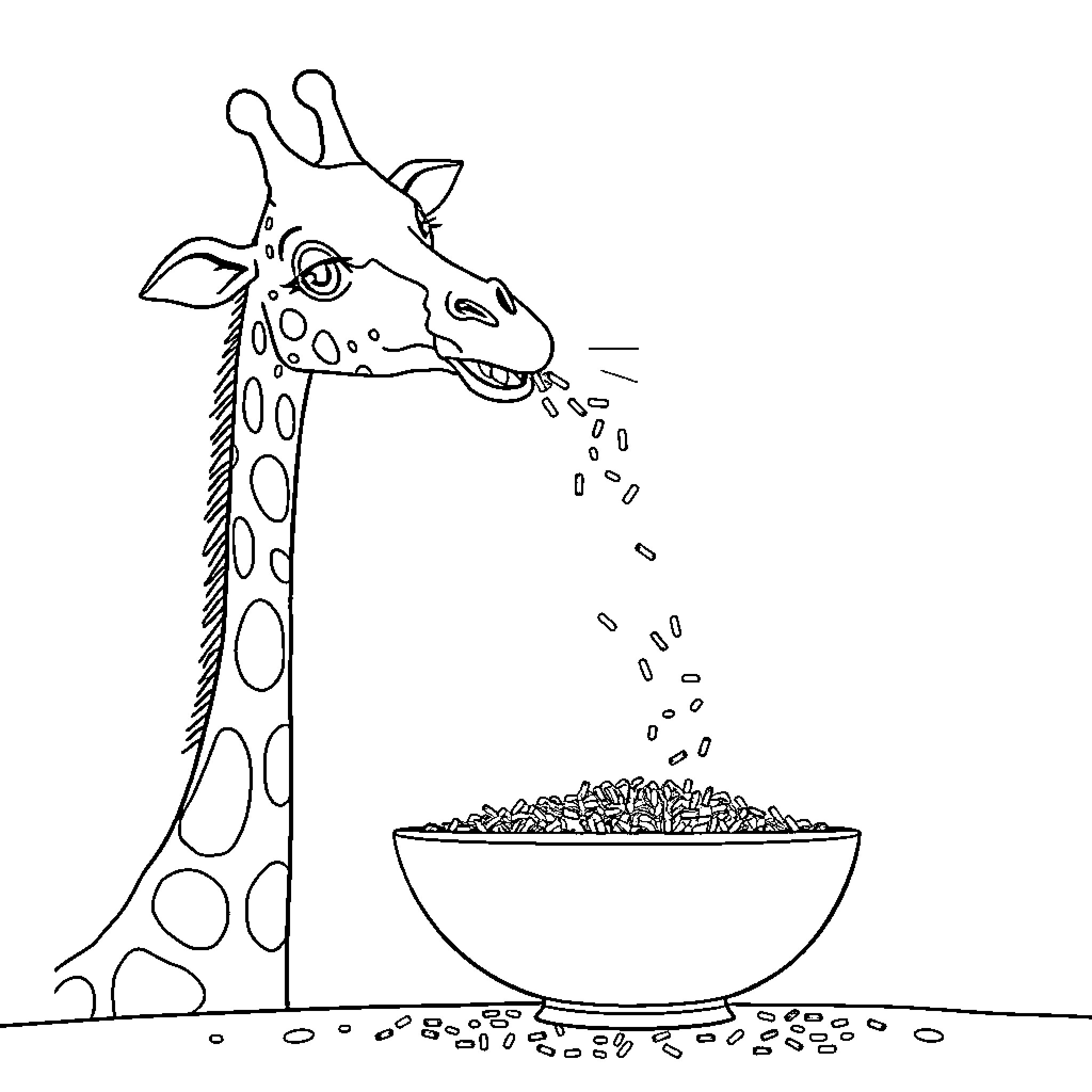Giraffe Feeding from Bowl Coloring Page (free black-and-white line drawing printable PDF for all, from beginners to advanced learners, including children, teens, adults, and seniors)