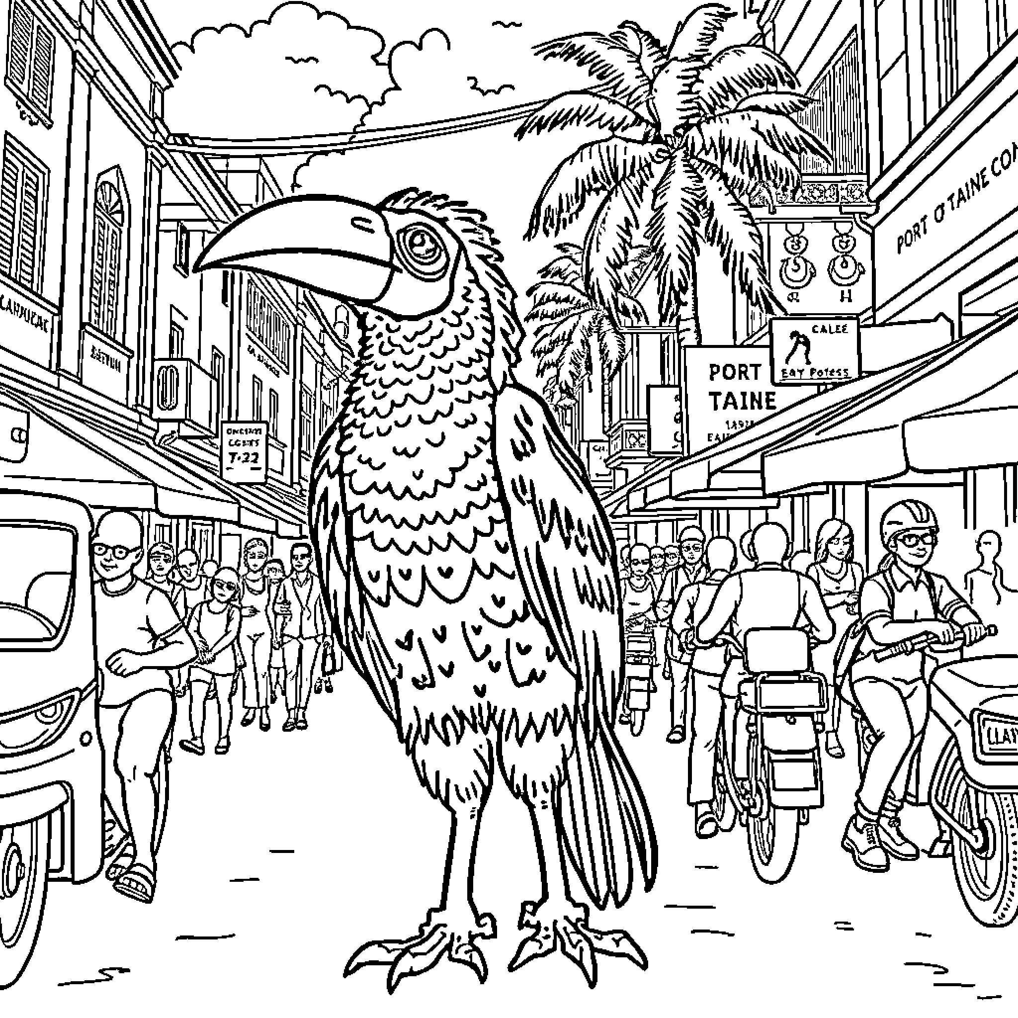 Burrokeet exploring a bustling tropical street scene Coloring Page (free black-and-white line drawing printable PDF for all, from beginners to advanced learners, including children, teens, adults, and seniors)