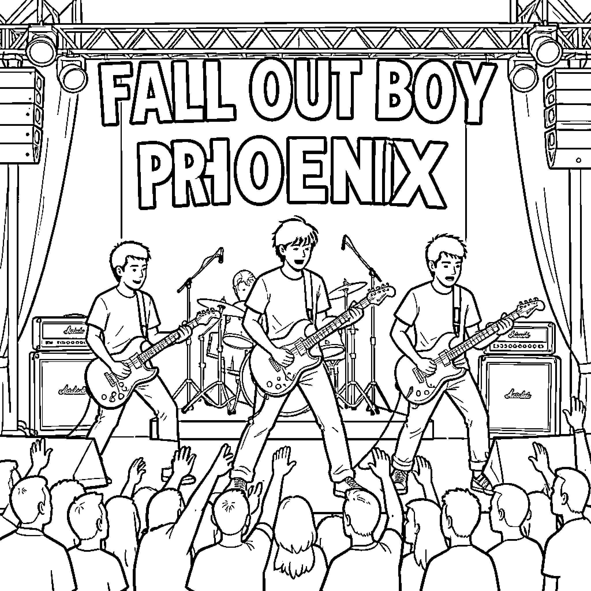 Phoenix band performing a concert on a stage Coloring Page (free black-and-white line drawing printable PDF for all, from beginners to advanced learners, including children, teens, adults, and seniors)