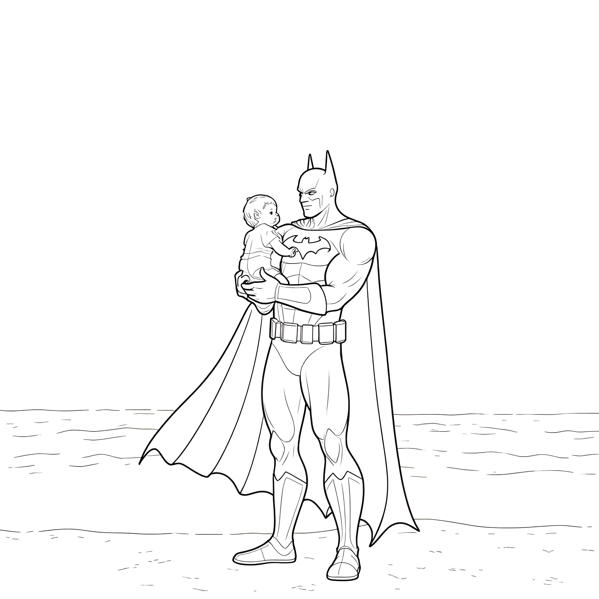 Batman protectively holding a child Coloring Page (free black-and-white line drawing printable PDF for all, from beginners to advanced learners, including children, teens, adults, and seniors)