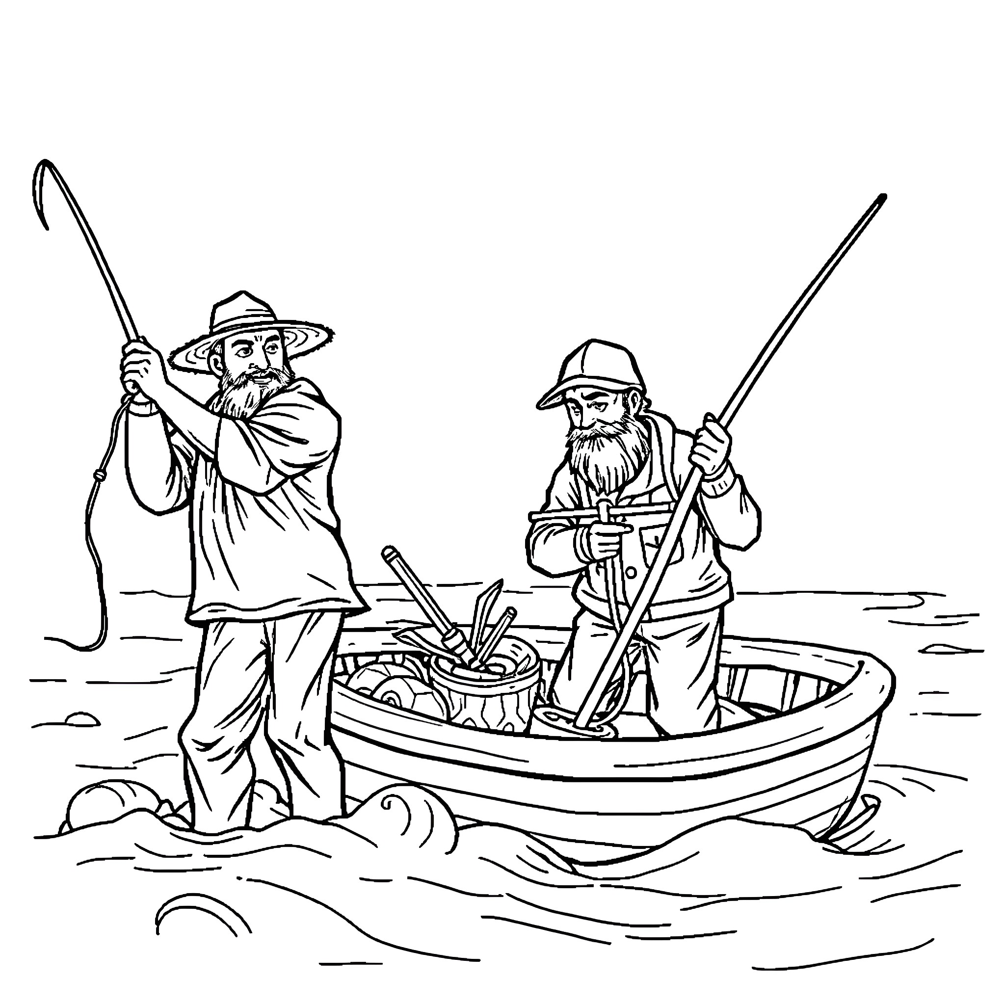 Fishermen casting nets from a small boat Coloring Page (free black-and-white line drawing printable PDF for all, from beginners to advanced learners, including children, teens, adults, and seniors)