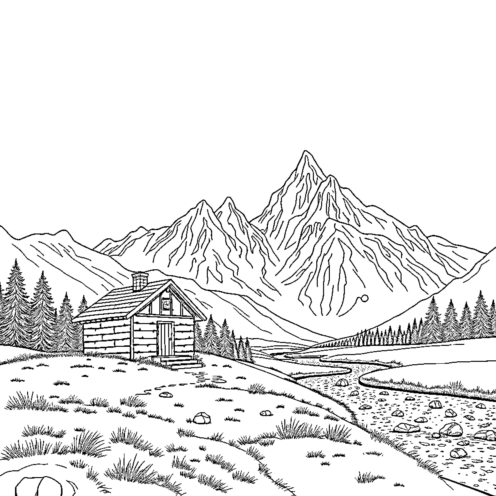 Shack in the mountains with snowy peaks Coloring Page (free black-and-white line drawing printable PDF for all, from beginners to advanced learners, including children, teens, adults, and seniors)