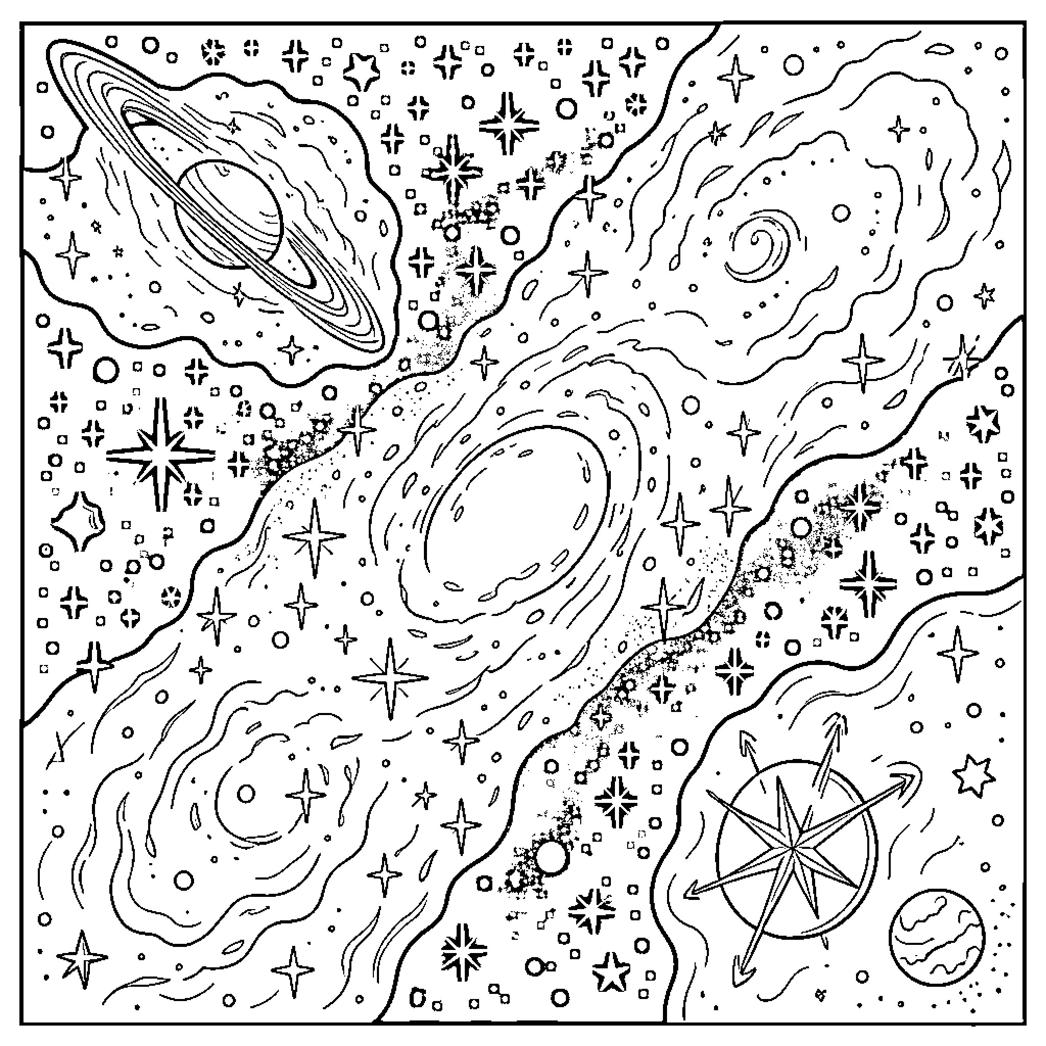 Galaxy of Cosmic Wonders Coloring Page (free black-and-white line drawing printable PDF for all, from beginners to advanced learners, including children, teens, adults, and seniors)