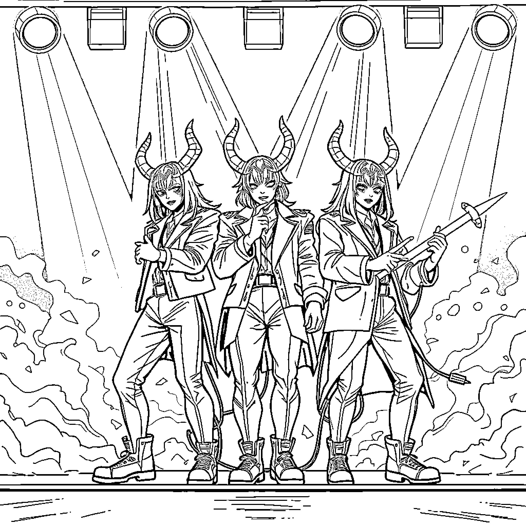K-POP Demon Hunters Unleash Their Otherworldly Personas Coloring Page (free black-and-white line drawing printable PDF for all, from beginners to advanced learners, including children, teens, adults, and seniors)