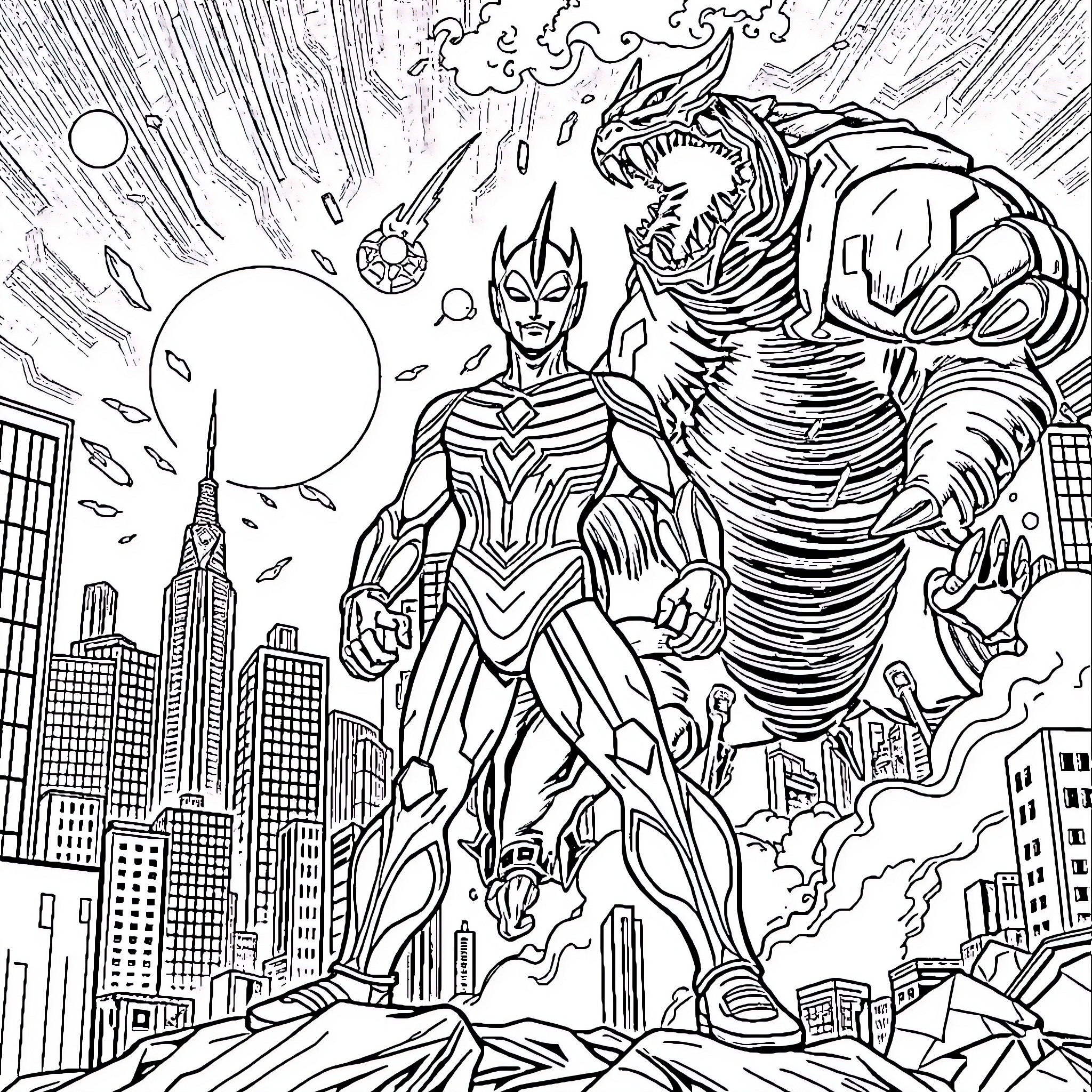 Ultraman confronting a monstrous foe in the city Coloring Page (free black-and-white line drawing printable PDF for all, from beginners to advanced learners, including children, teens, adults, and seniors)