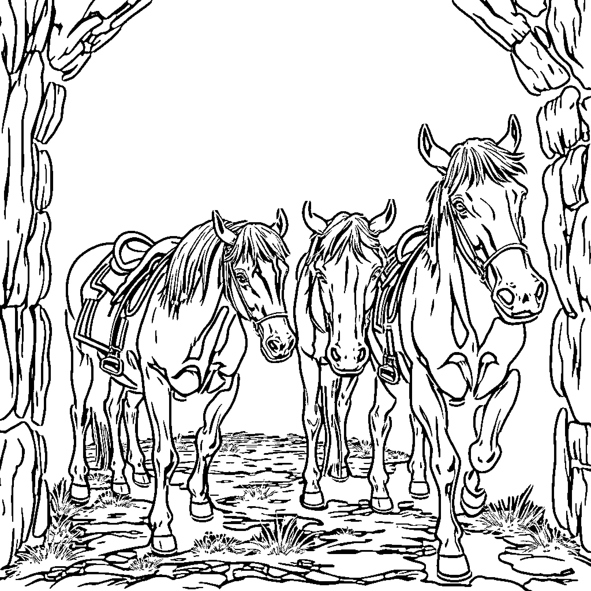 Cacharros: Horses galloping through the forest Coloring Page (free black-and-white line drawing printable PDF for all, from beginners to advanced learners, including children, teens, adults, and seniors)
