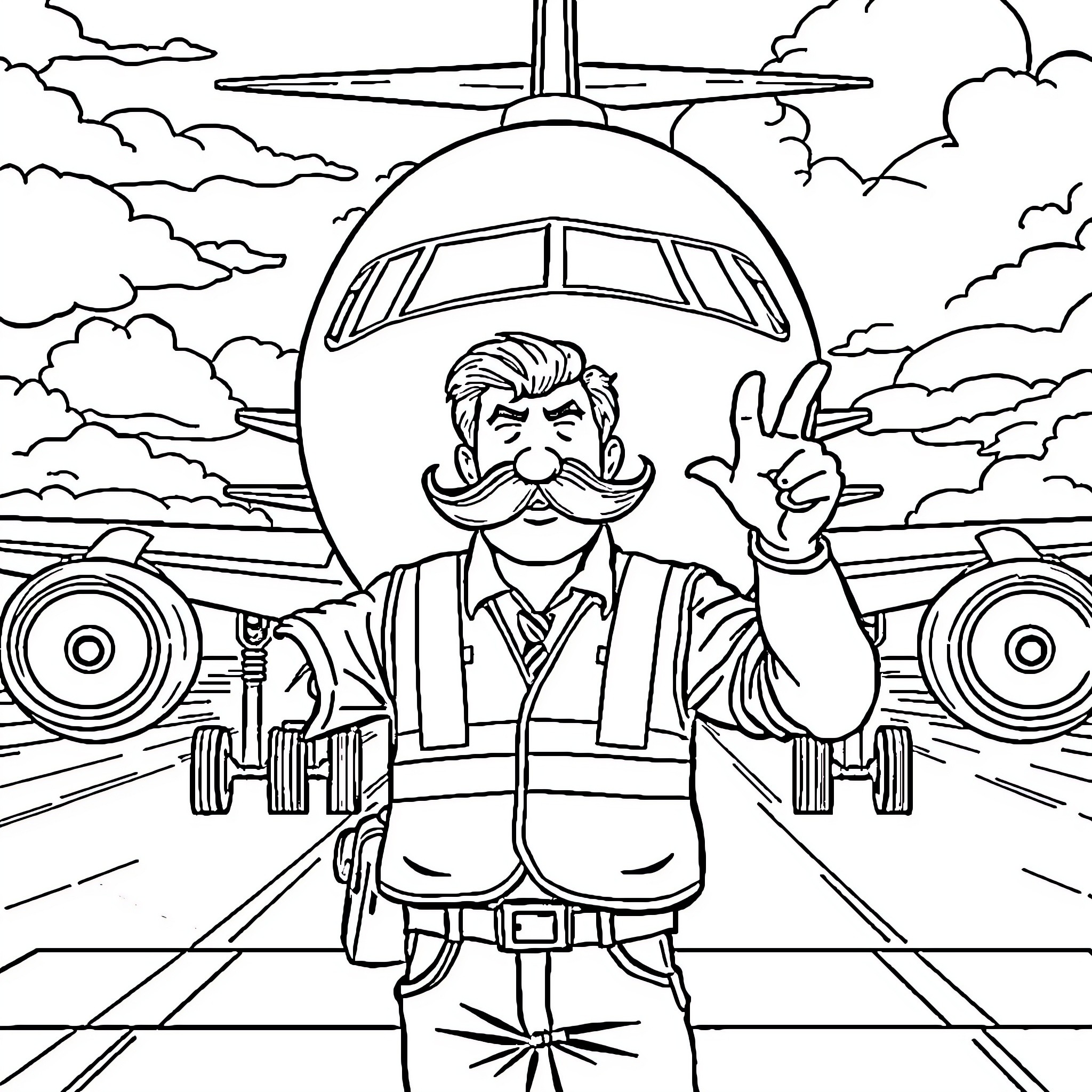 Mustache Man Giving Thumbs Up at Airport Coloring Page (free black-and-white line drawing printable PDF for all, from beginners to advanced learners, including children, teens, adults, and seniors)