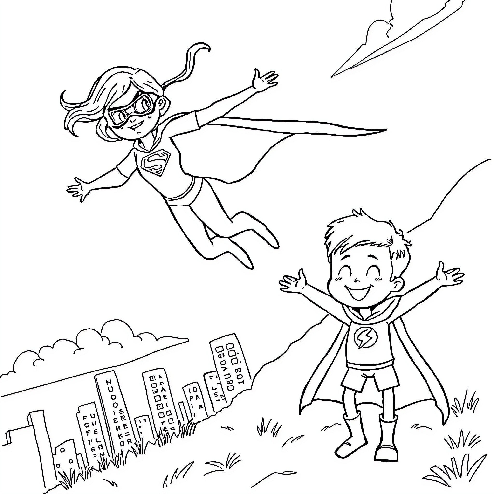 Superheroes soaring through the city skyline Coloring Page (free black-and-white line drawing printable PDF for all, from beginners to advanced learners, including children, teens, adults, and seniors)
