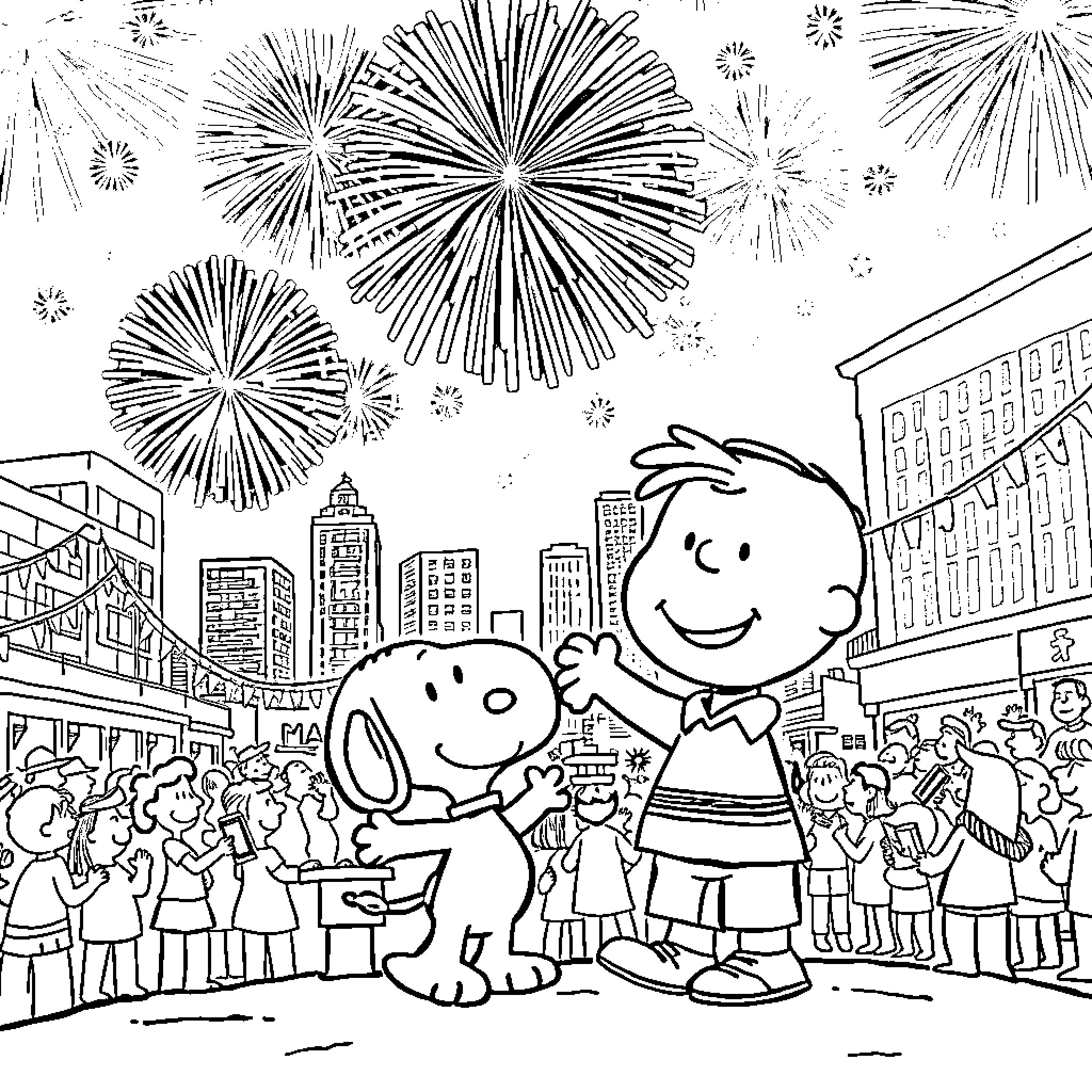 Snoopy and friends celebrate with fireworks in the city Coloring Page (free black-and-white line drawing printable PDF for all, from beginners to advanced learners, including children, teens, adults, and seniors)