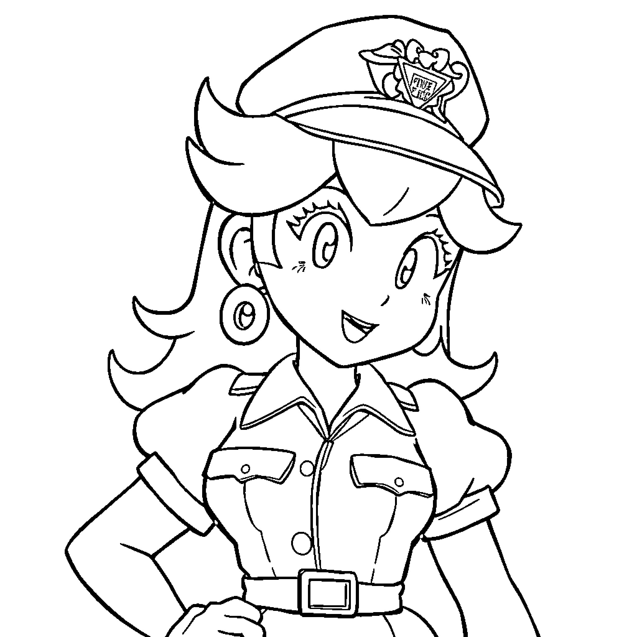 Princess Peach as a Cheerful Pirate Captain Coloring Page (free black-and-white line drawing printable PDF for all, from beginners to advanced learners, including children, teens, adults, and seniors)