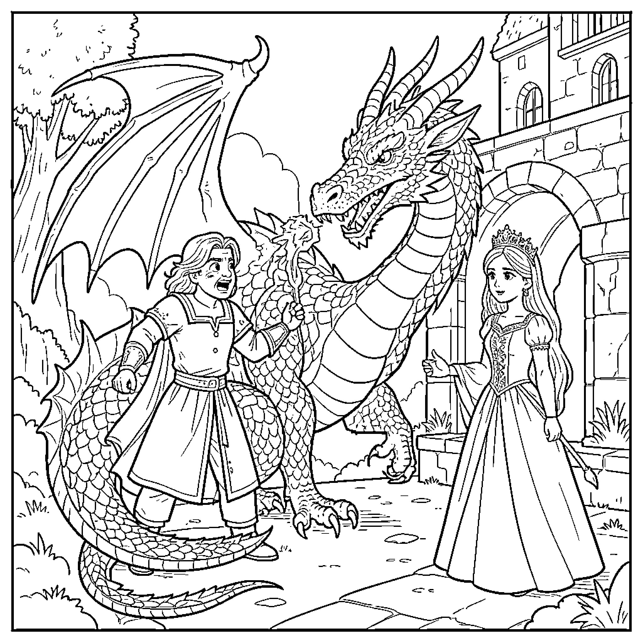 Sant Jordi: Knight Facing Fearsome Dragon with Princess Coloring Page (free black-and-white line drawing printable PDF for all, from beginners to advanced learners, including children, teens, adults, and seniors)