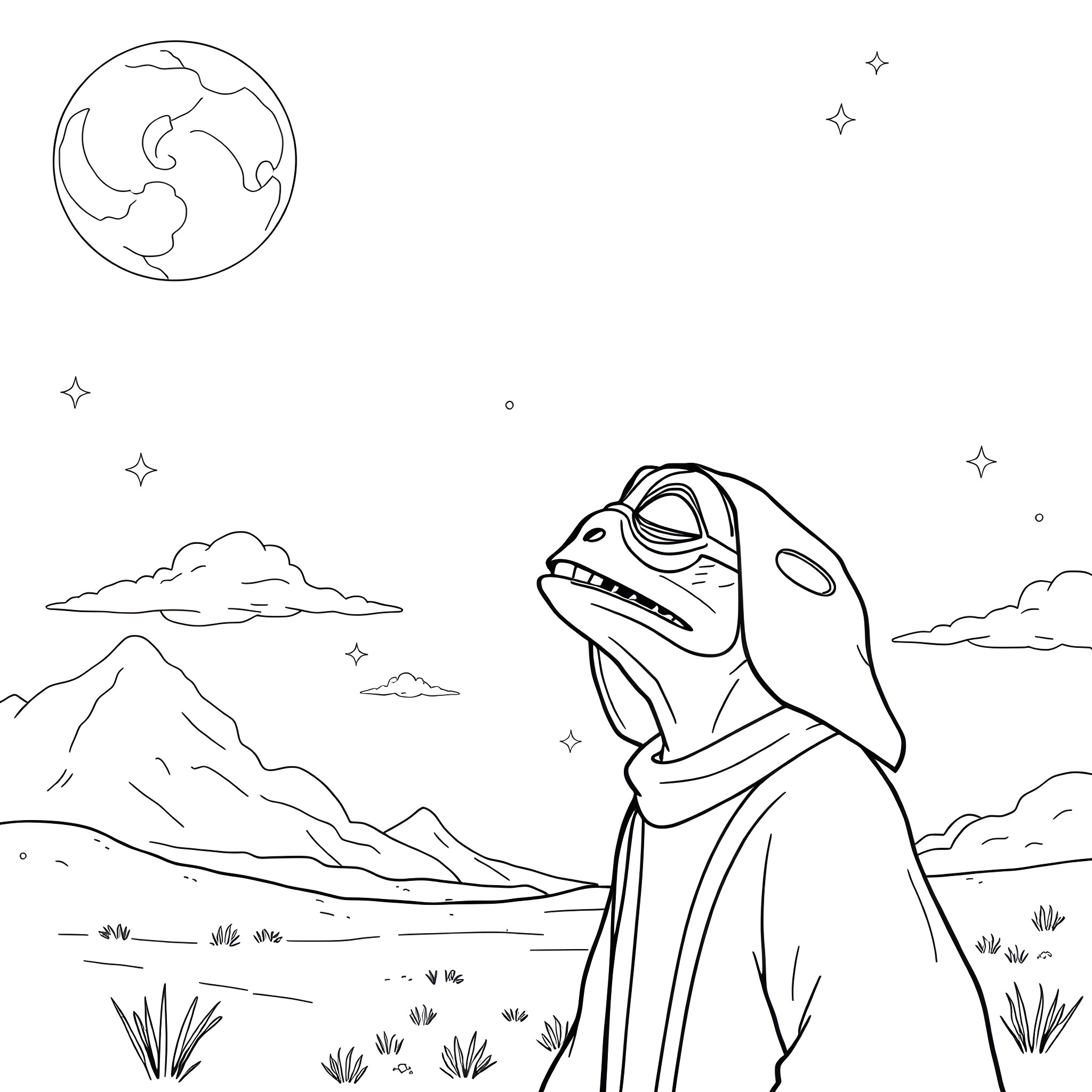 Jar Jar Binks exploring the alien landscape with wonder Coloring Page (free black-and-white line drawing printable PDF for all, from beginners to advanced learners, including children, teens, adults, and seniors)