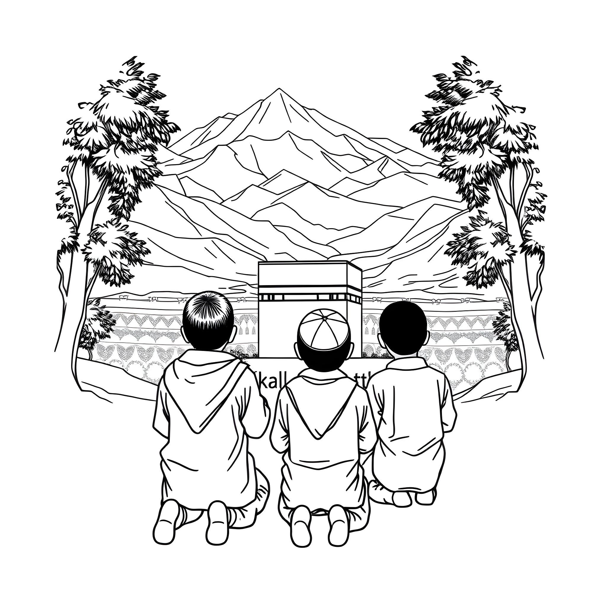 Boy Enjoying Scenic Mountain View with Friends Coloring Page (free black-and-white line drawing printable PDF for all, from beginners to advanced learners, including children, teens, adults, and seniors)