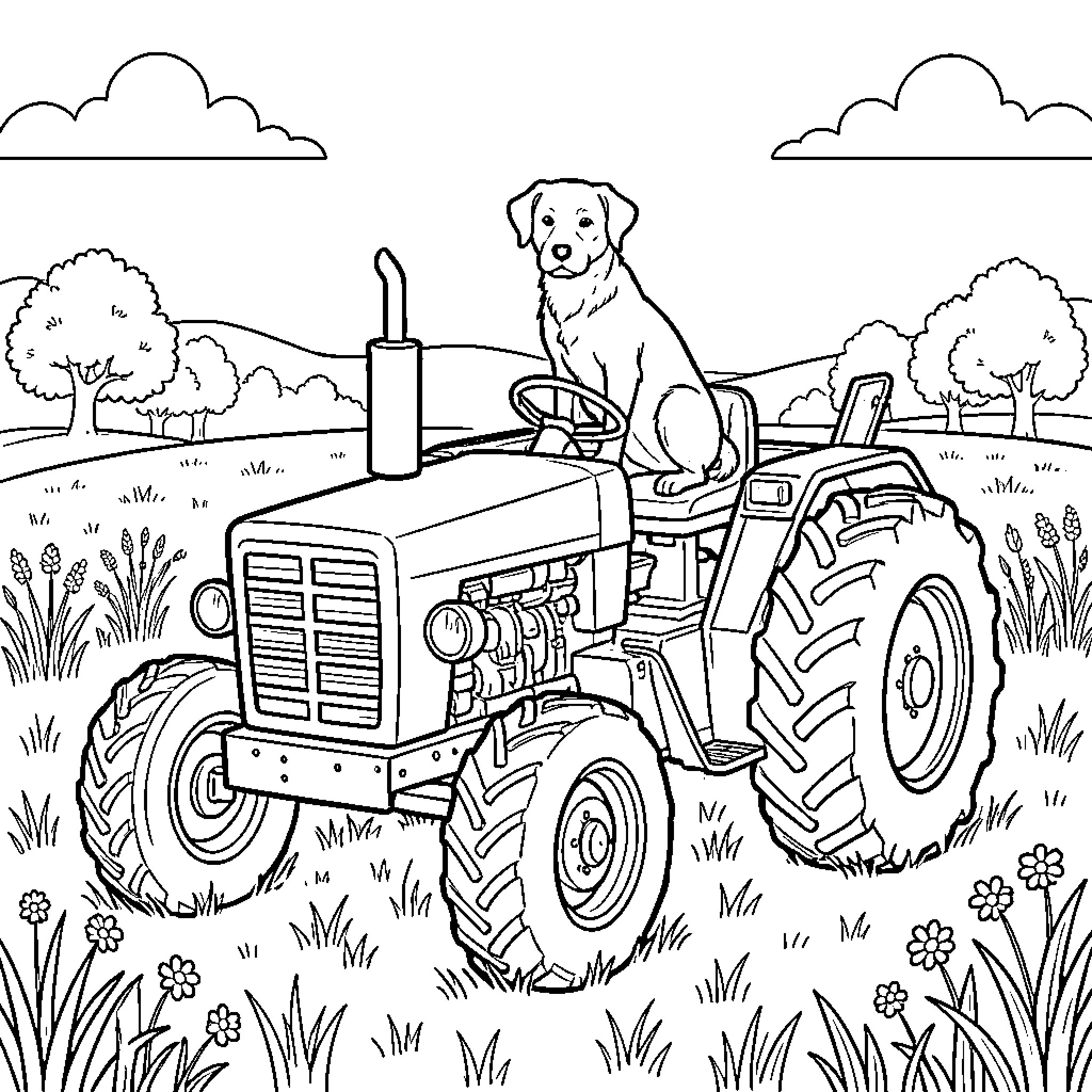 Dog sitting calmly on a tractor in a field Coloring Page (free black-and-white line drawing printable PDF for all, from beginners to advanced learners, including children, teens, adults, and seniors)