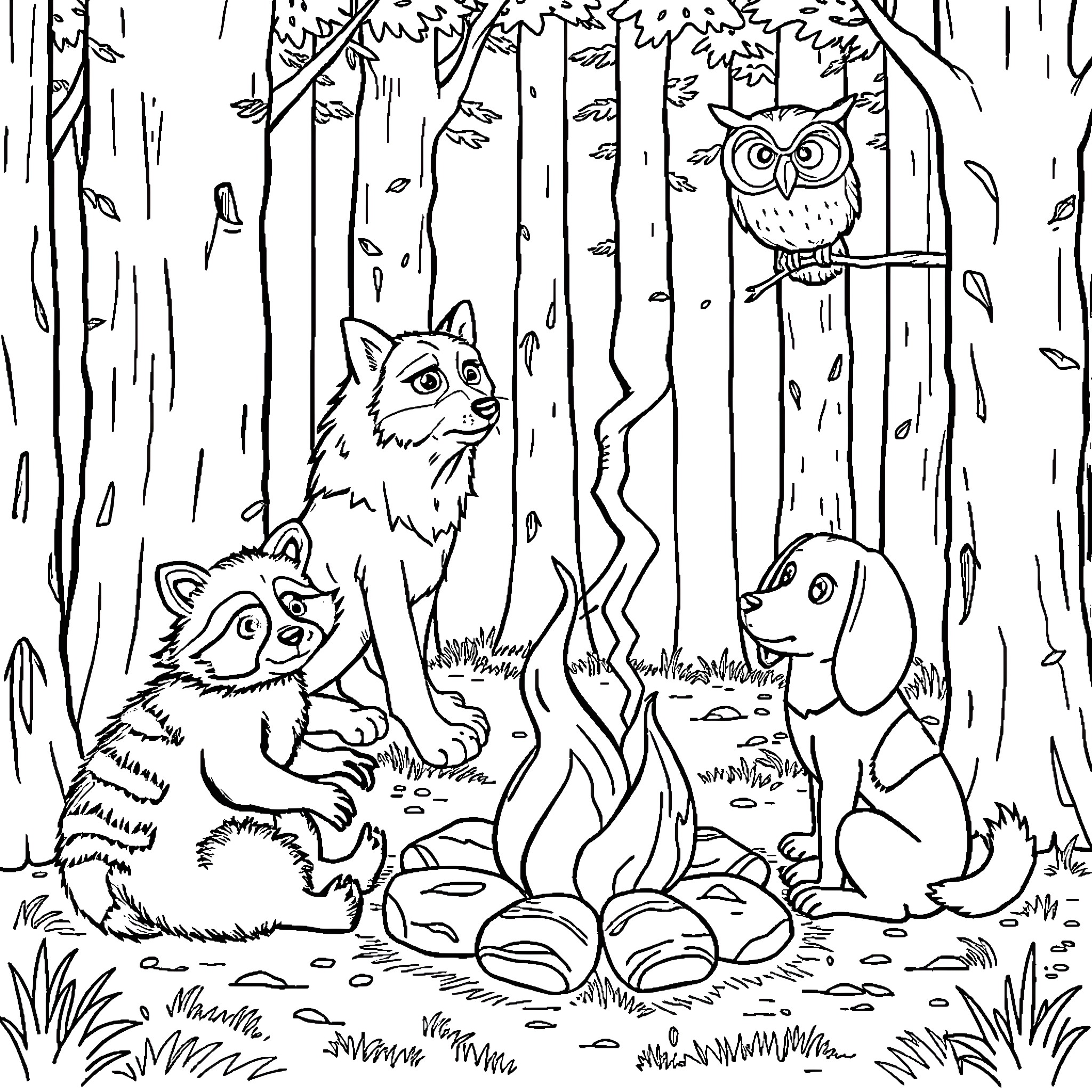 Animal friends gathered around a campfire in the forest Coloring Page (free black-and-white line drawing printable PDF for all, from beginners to advanced learners, including children, teens, adults, and seniors)