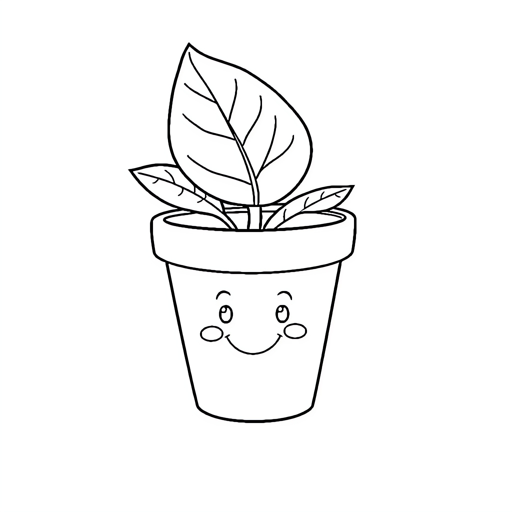 Pot Leaf plant with a smiling face Coloring Page (free black-and-white line drawing printable PDF for all, from beginners to advanced learners, including children, teens, adults, and seniors)