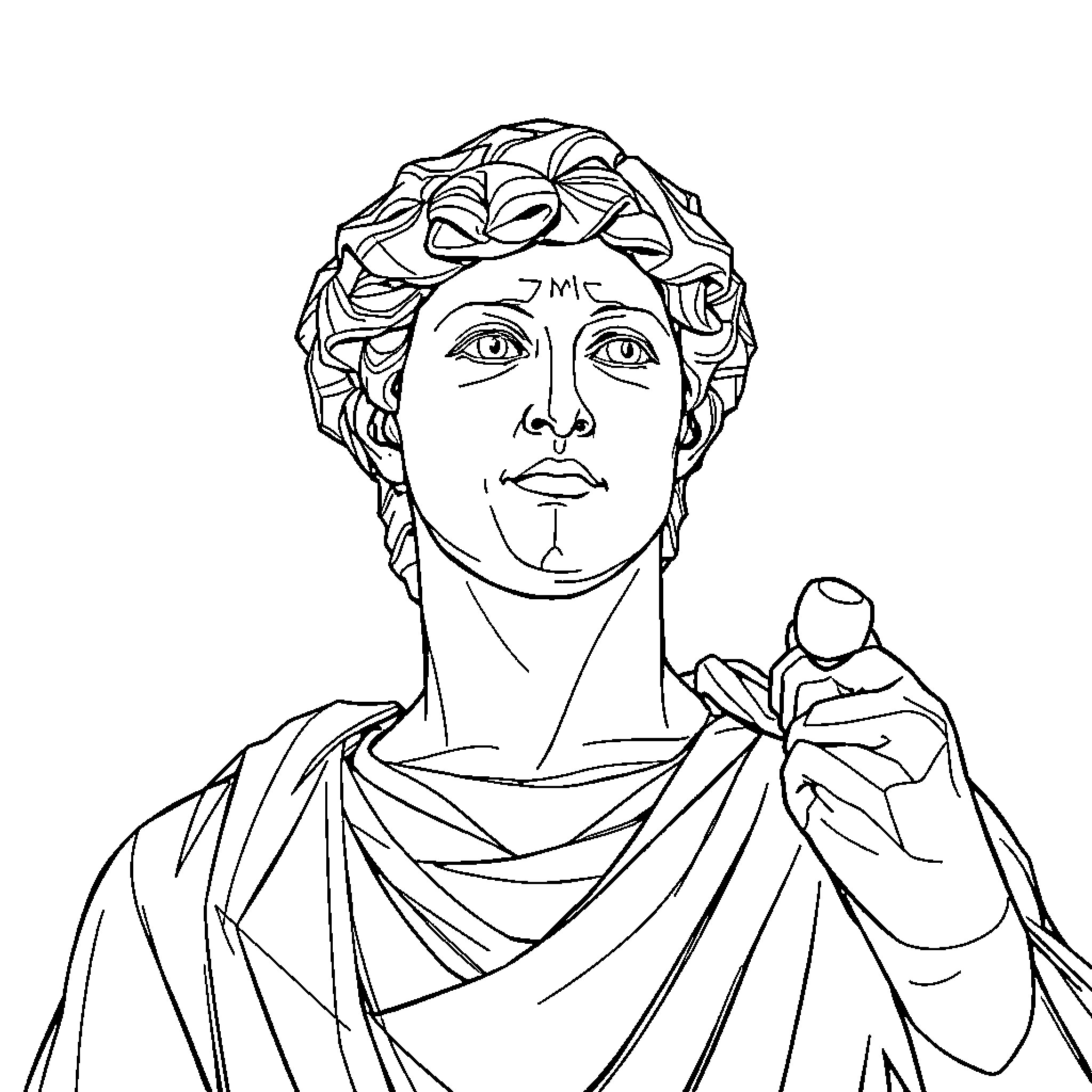 David's Contemplative Expression in Ancient Attire Coloring Page (free black-and-white line drawing printable PDF for all, from beginners to advanced learners, including children, teens, adults, and seniors)