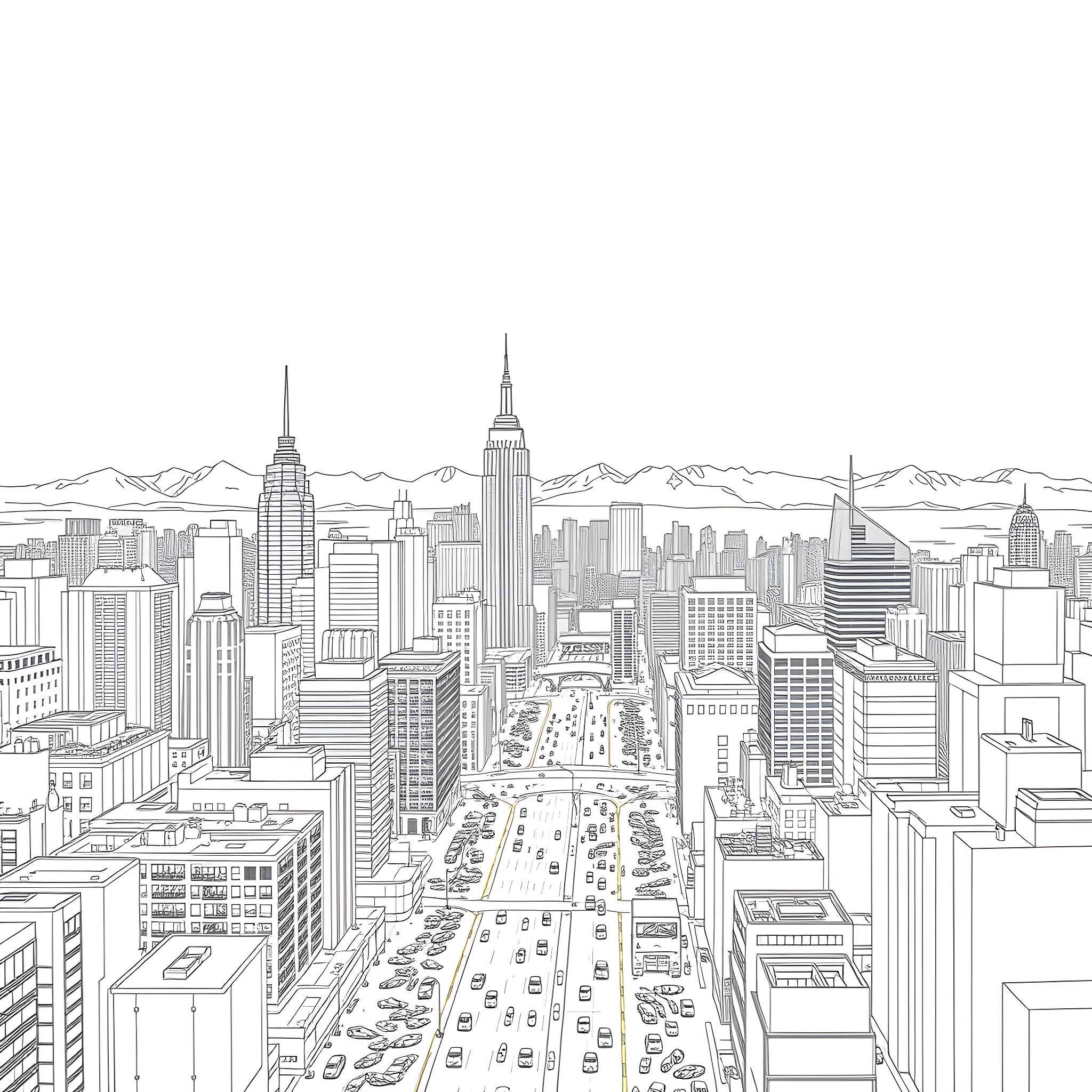 City skyline with bustling traffic and towering skyscrapers Coloring Page (free black-and-white line drawing printable PDF for all, from beginners to advanced learners, including children, teens, adults, and seniors)