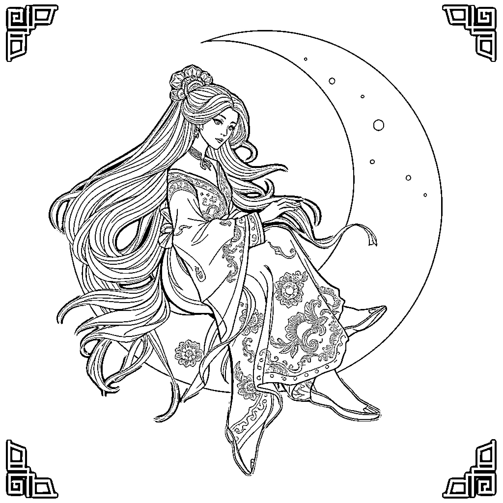 Woman in elegant kimono dancing under the moon Coloring Page (free black-and-white line drawing printable PDF for all, from beginners to advanced learners, including children, teens, adults, and seniors)