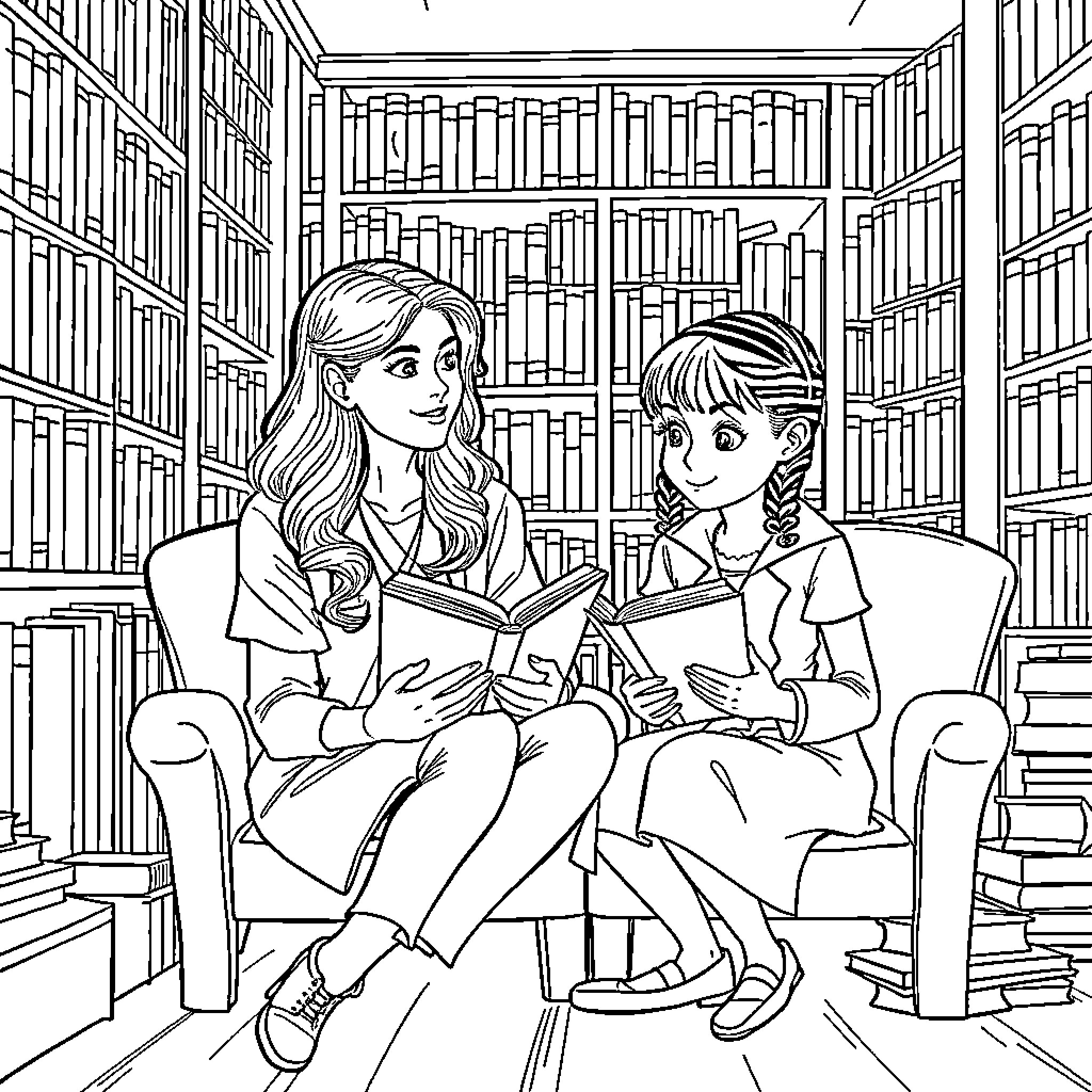 Meredith Grey and friend reading together in library Coloring Page (free black-and-white line drawing printable PDF for all, from beginners to advanced learners, including children, teens, adults, and seniors)