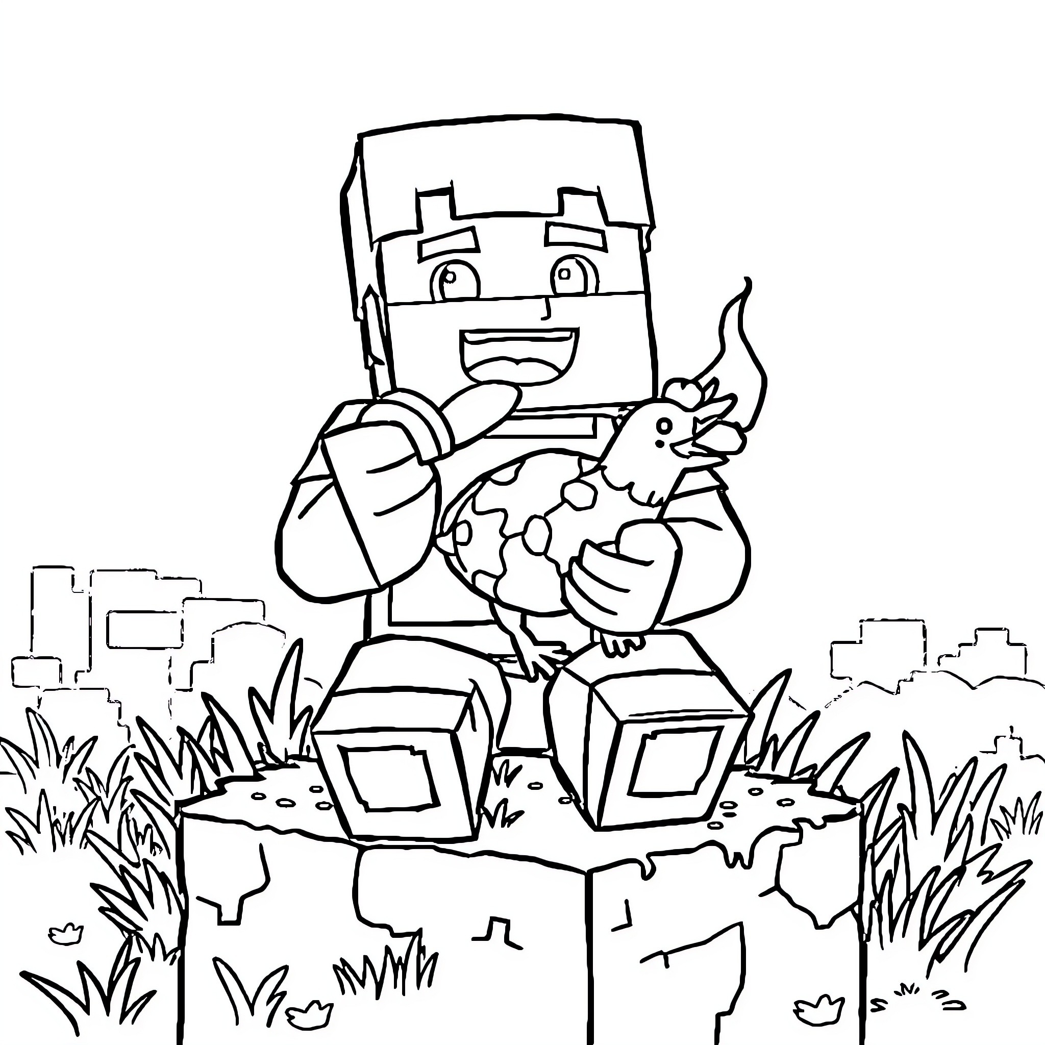 Minecraft Steve exploring the wilderness with animal companion Coloring Page (free black-and-white line drawing printable PDF for all, from beginners to advanced learners, including children, teens, adults, and seniors)