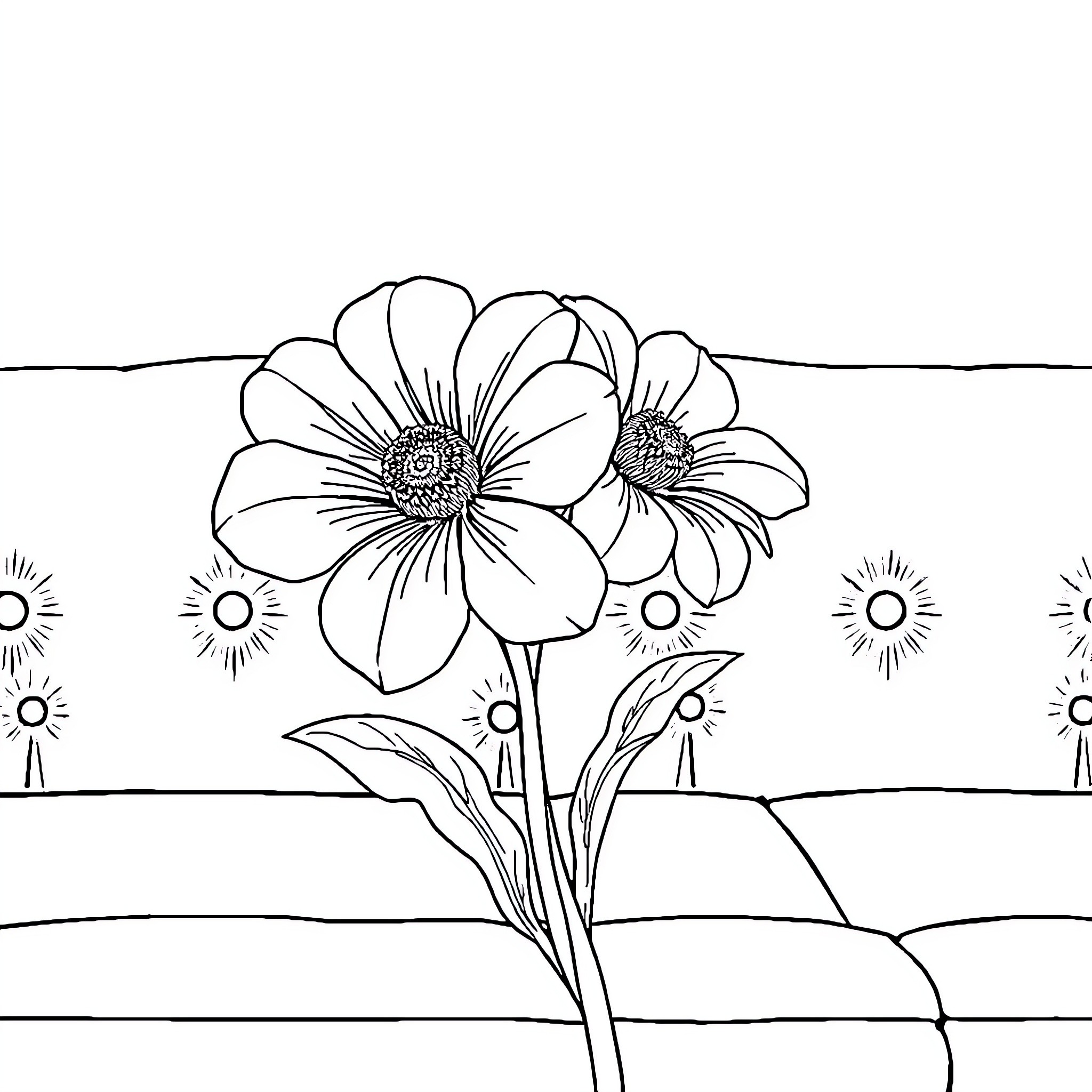 Fleur blossoms in the garden Coloring Page (free black-and-white line drawing printable PDF for all, from beginners to advanced learners, including children, teens, adults, and seniors)