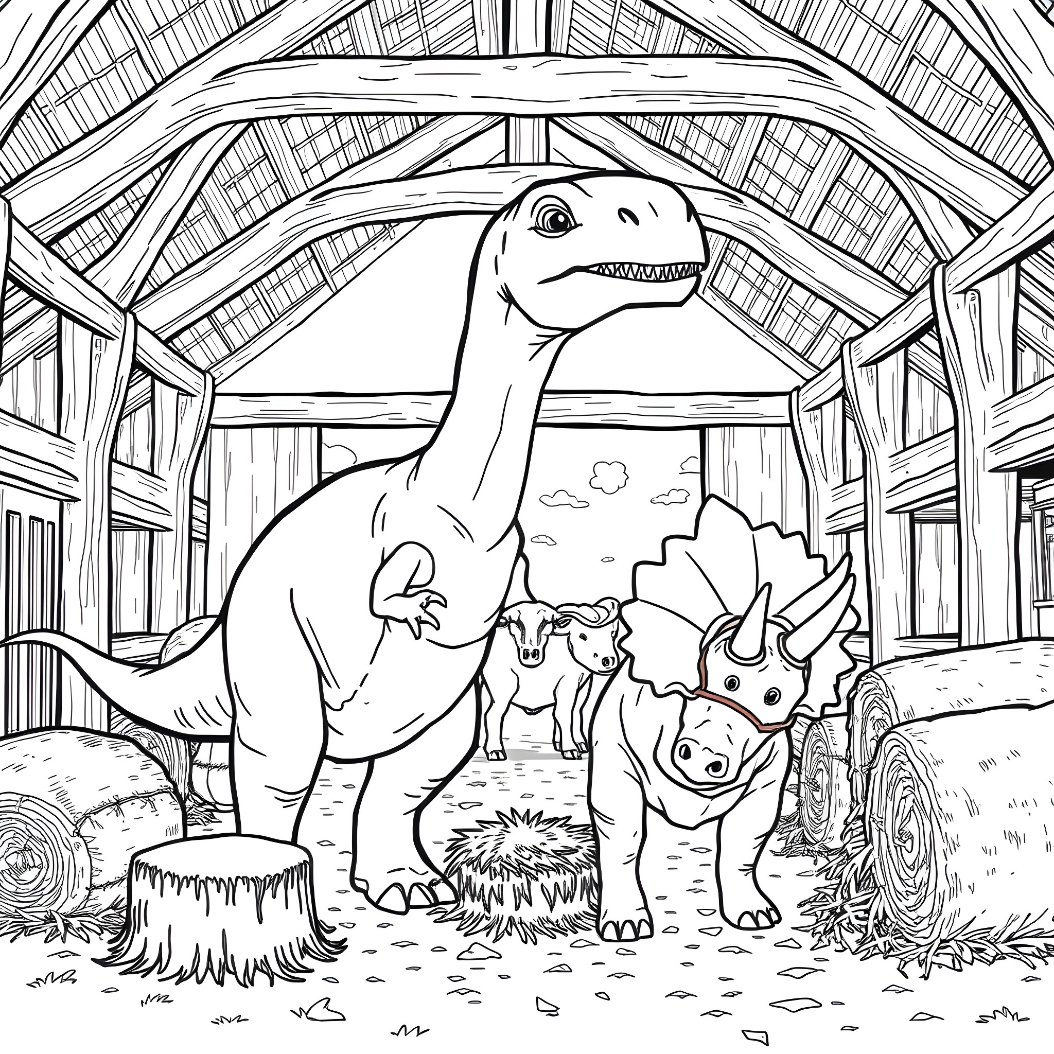 Dinosaurs exploring their natural habitat Coloring Page (free black-and-white line drawing printable PDF for all, from beginners to advanced learners, including children, teens, adults, and seniors)