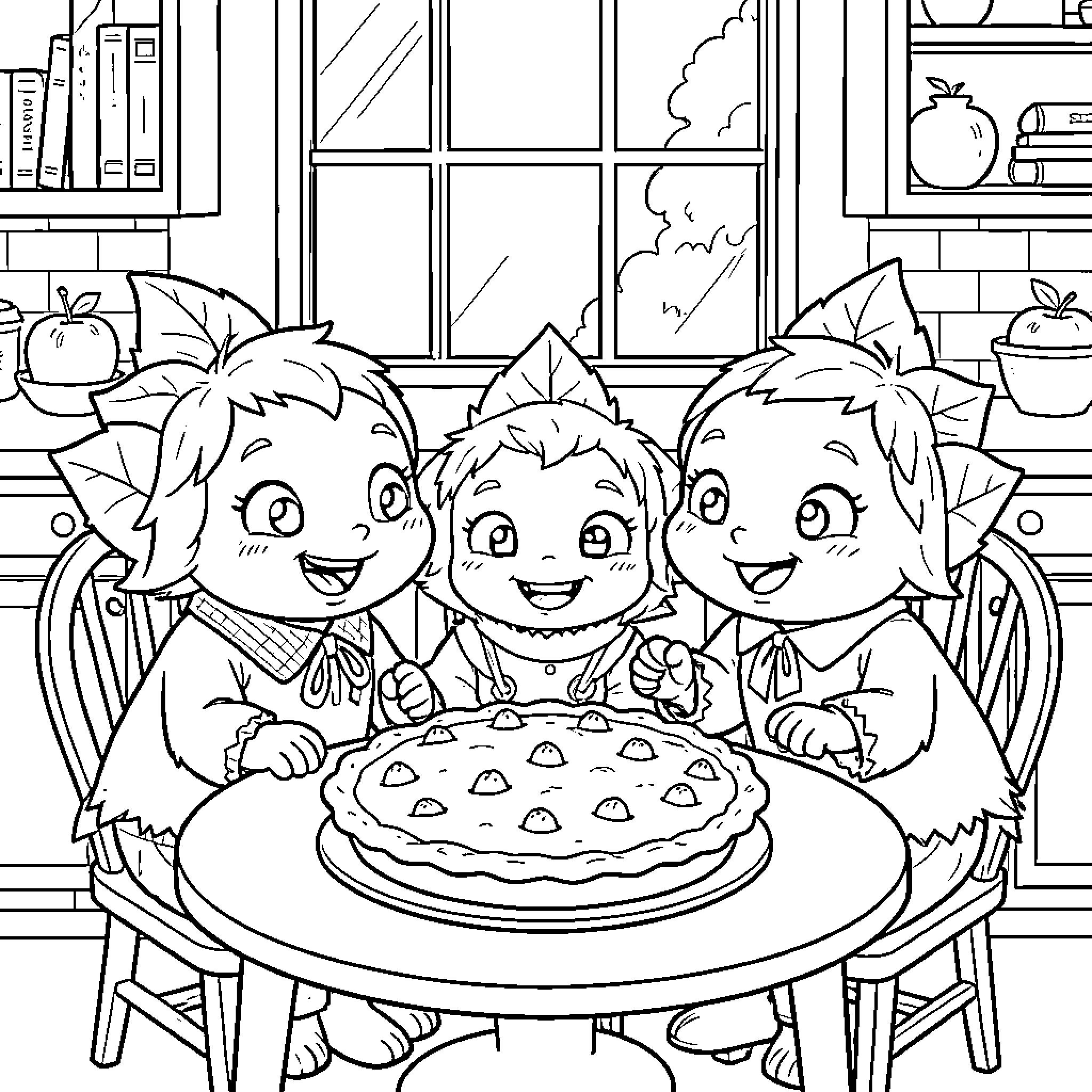 Tumble Leaf Friends Enjoy Baking Treats Coloring Page (free black-and-white line drawing printable PDF for all, from beginners to advanced learners, including children, teens, adults, and seniors)