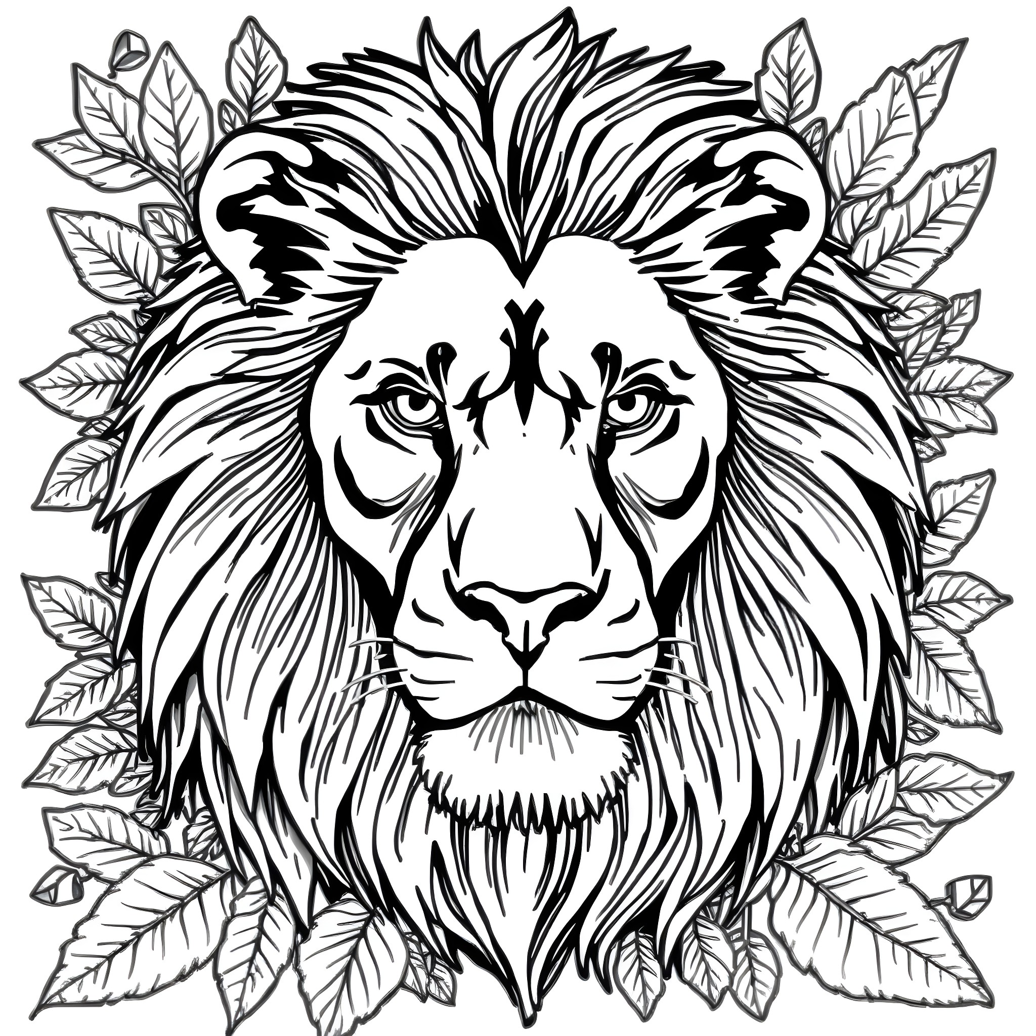Lion in a floral frame Coloring Page (free black-and-white line drawing printable PDF for all, from beginners to advanced learners, including children, teens, adults, and seniors)
