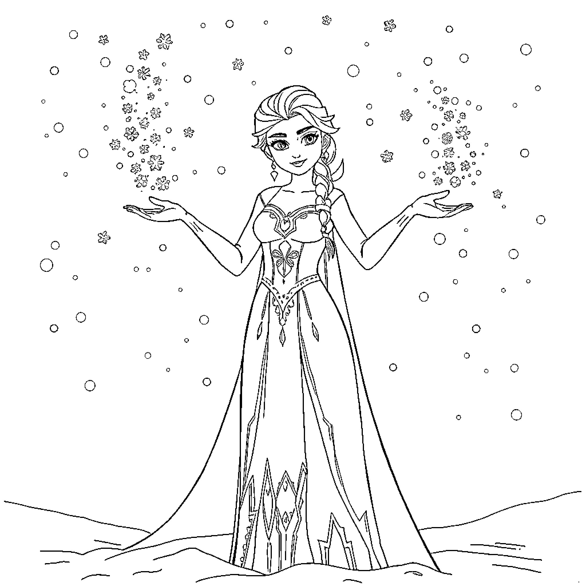 Elsa casting magical snow in the winter wonderland Coloring Page (free black-and-white line drawing printable PDF for all, from beginners to advanced learners, including children, teens, adults, and seniors)