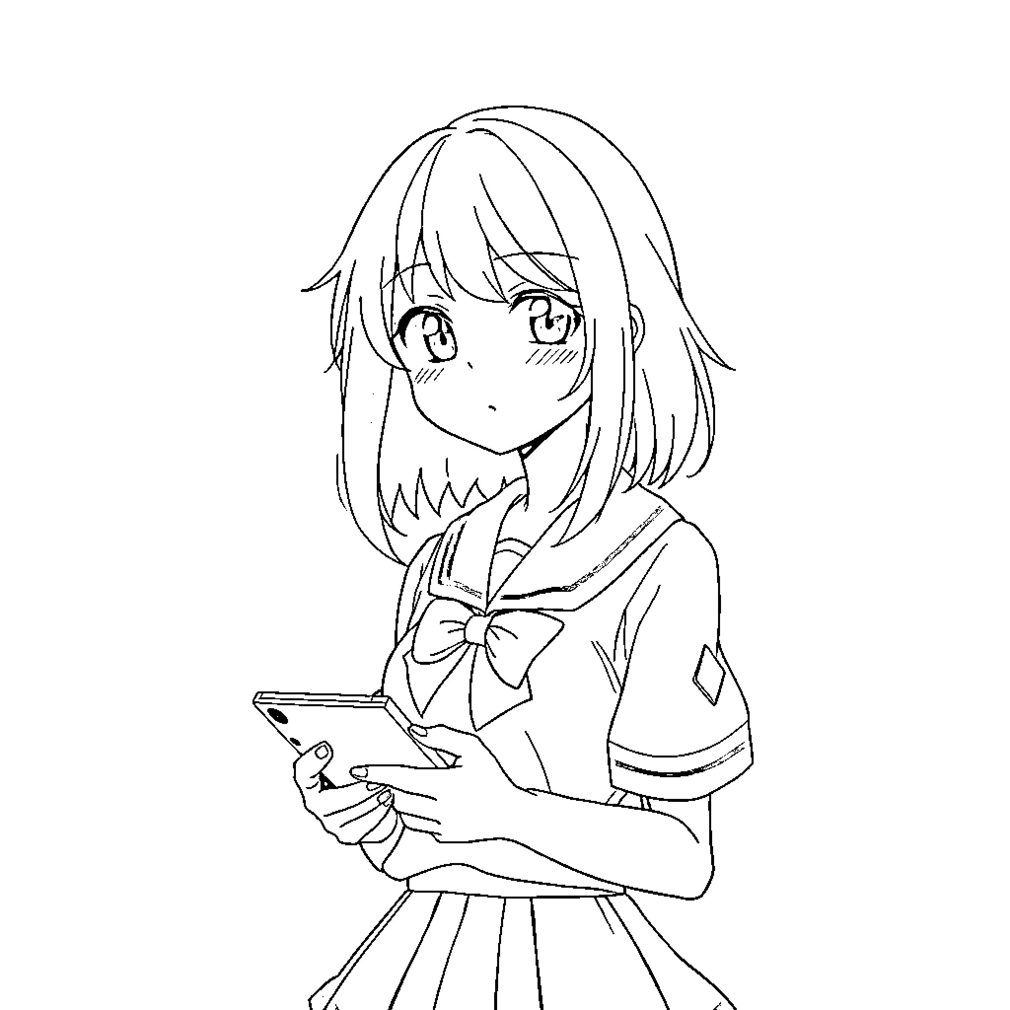 Chiaki Nanami using a smartphone in school uniform Coloring Page (free black-and-white line drawing printable PDF for all, from beginners to advanced learners, including children, teens, adults, and seniors)
