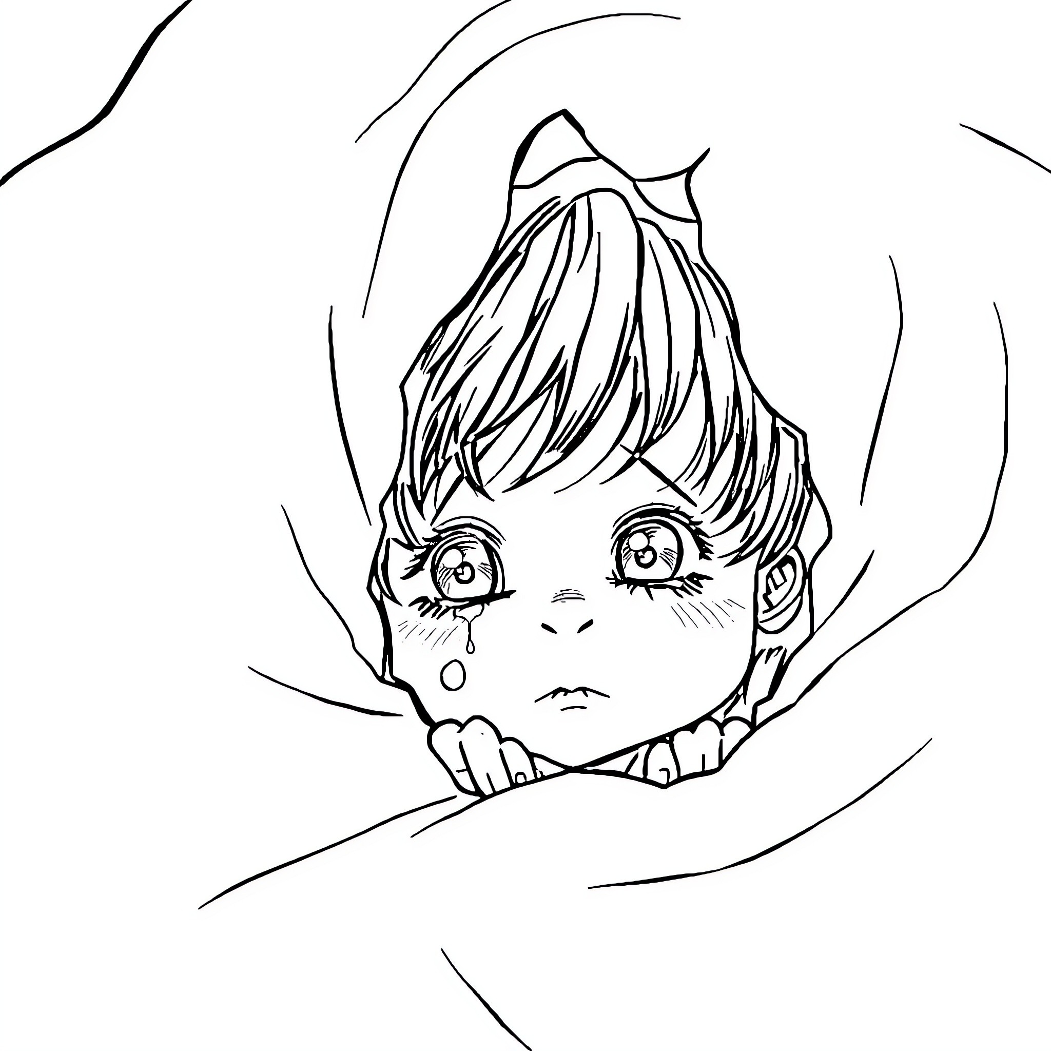 Child's Distressed Expression in Shadowy Setting Coloring Page (free black-and-white line drawing printable PDF for all, from beginners to advanced learners, including children, teens, adults, and seniors)
