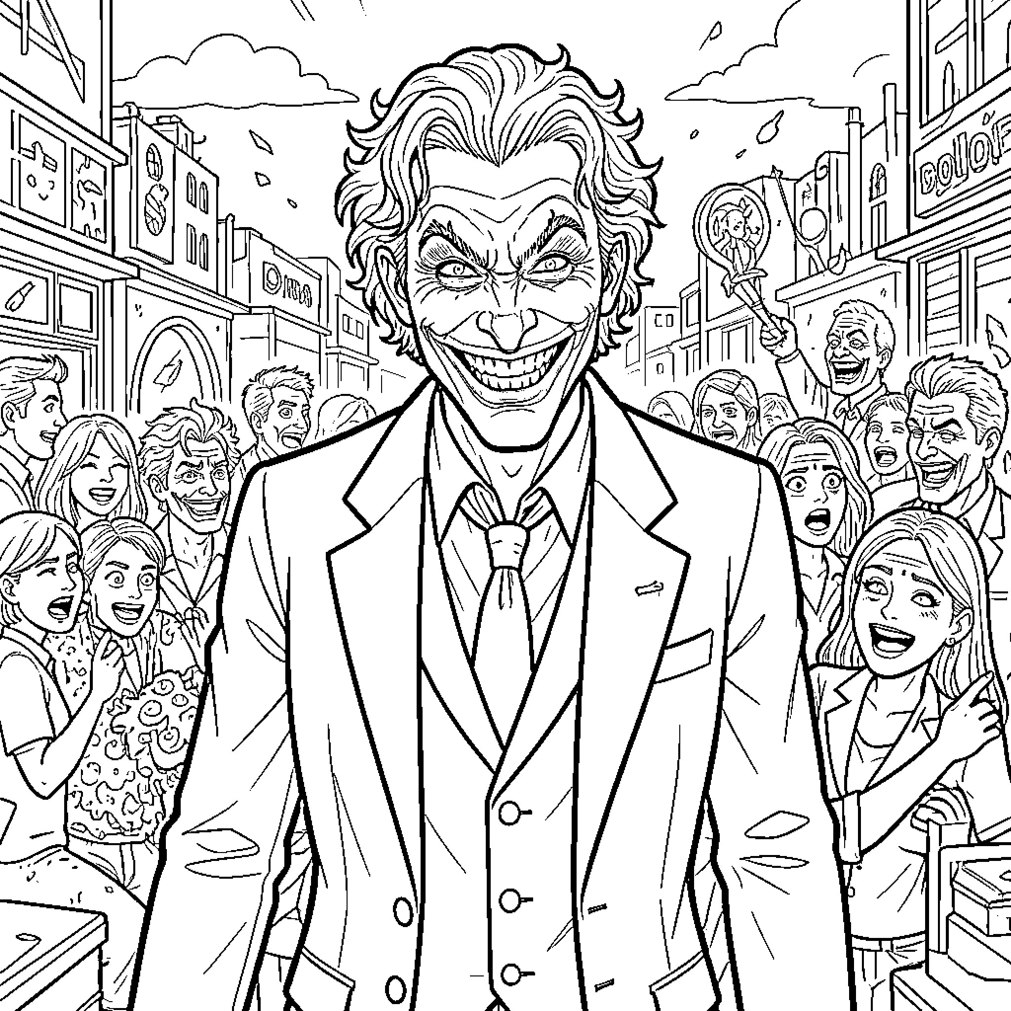 Joker smiling mischievously in front of a cheering crowd Coloring Page (free black-and-white line drawing printable PDF for all, from beginners to advanced learners, including children, teens, adults, and seniors)