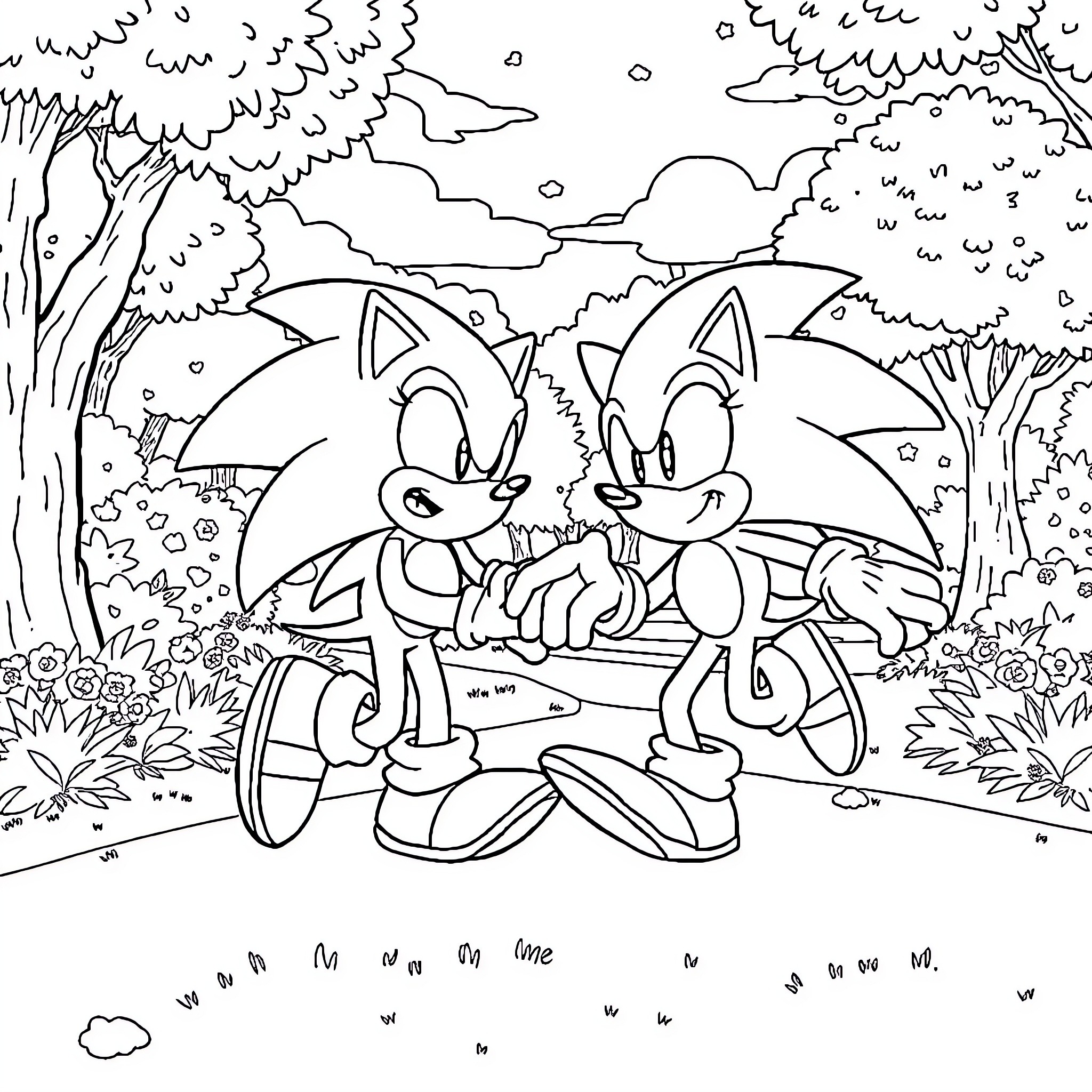 Sonic characters in an outdoor adventure scene Coloring Page (free black-and-white line drawing printable PDF for all, from beginners to advanced learners, including children, teens, adults, and seniors)