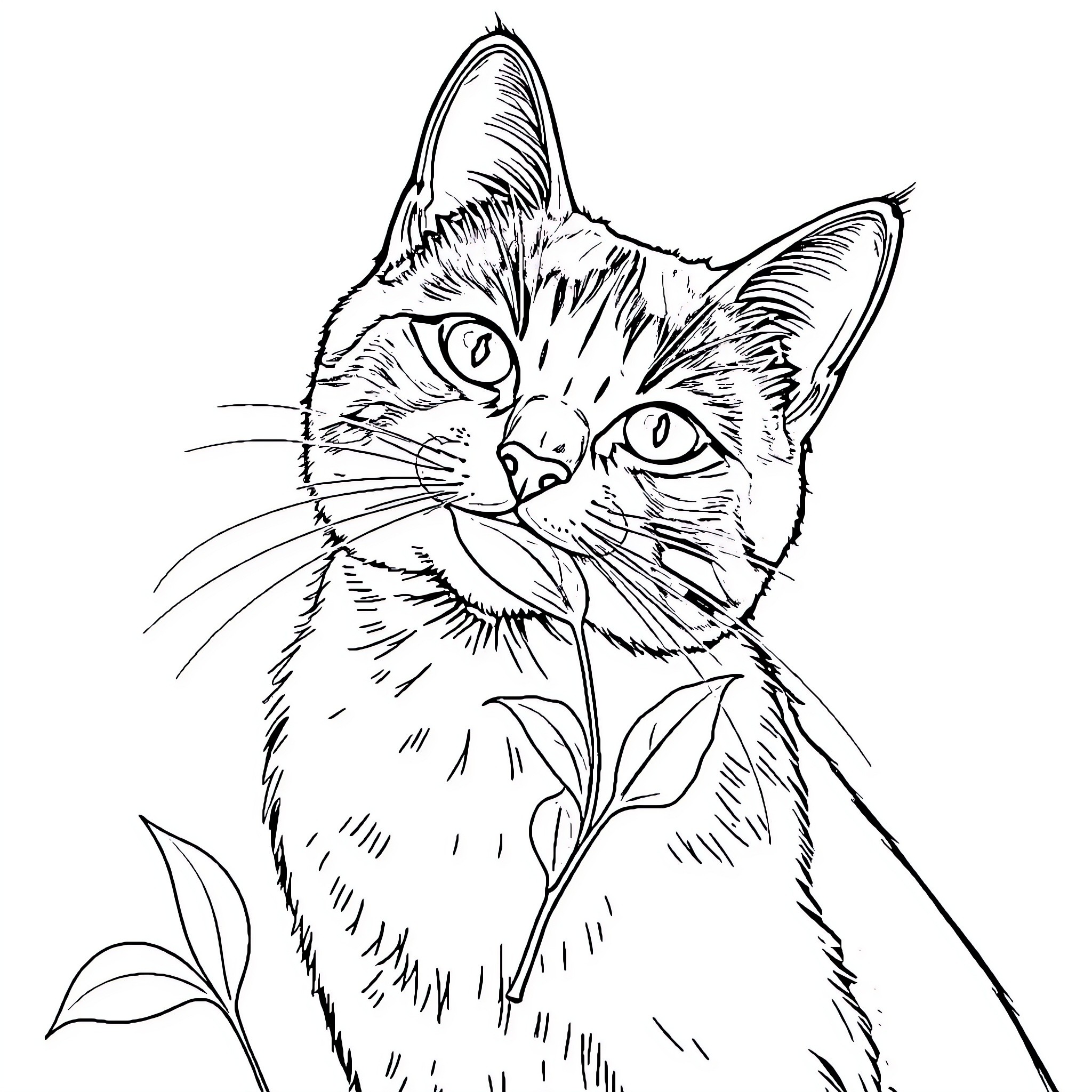 Cat gazing intently in the garden Coloring Page (free black-and-white line drawing printable PDF for all, from beginners to advanced learners, including children, teens, adults, and seniors)