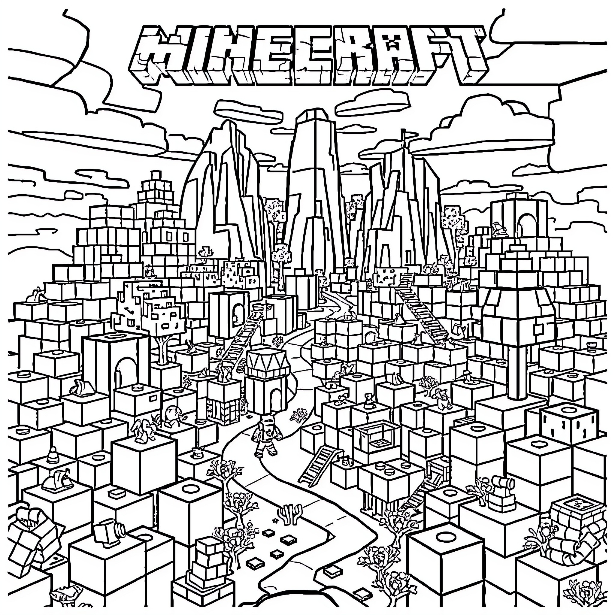 Minecraft landscape with creative structures and scenery Coloring Page (free black-and-white line drawing printable PDF for all, from beginners to advanced learners, including children, teens, adults, and seniors)