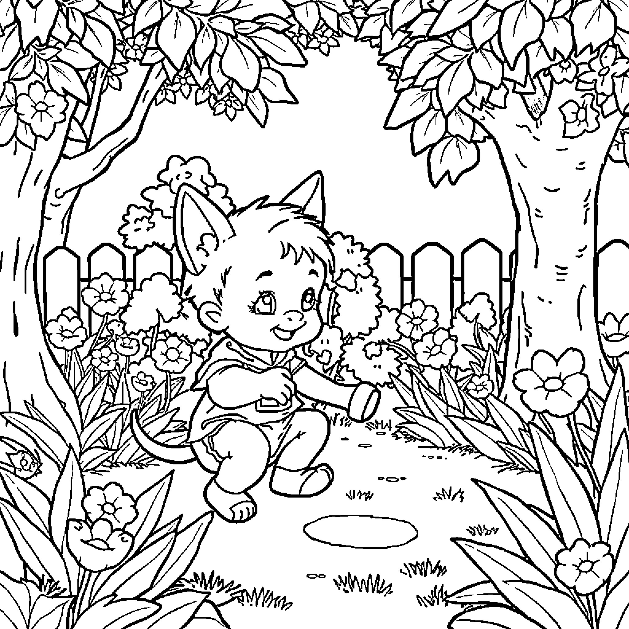 Niño sitting among flowers in a garden Coloring Page (free black-and-white line drawing printable PDF for all, from beginners to advanced learners, including children, teens, adults, and seniors)