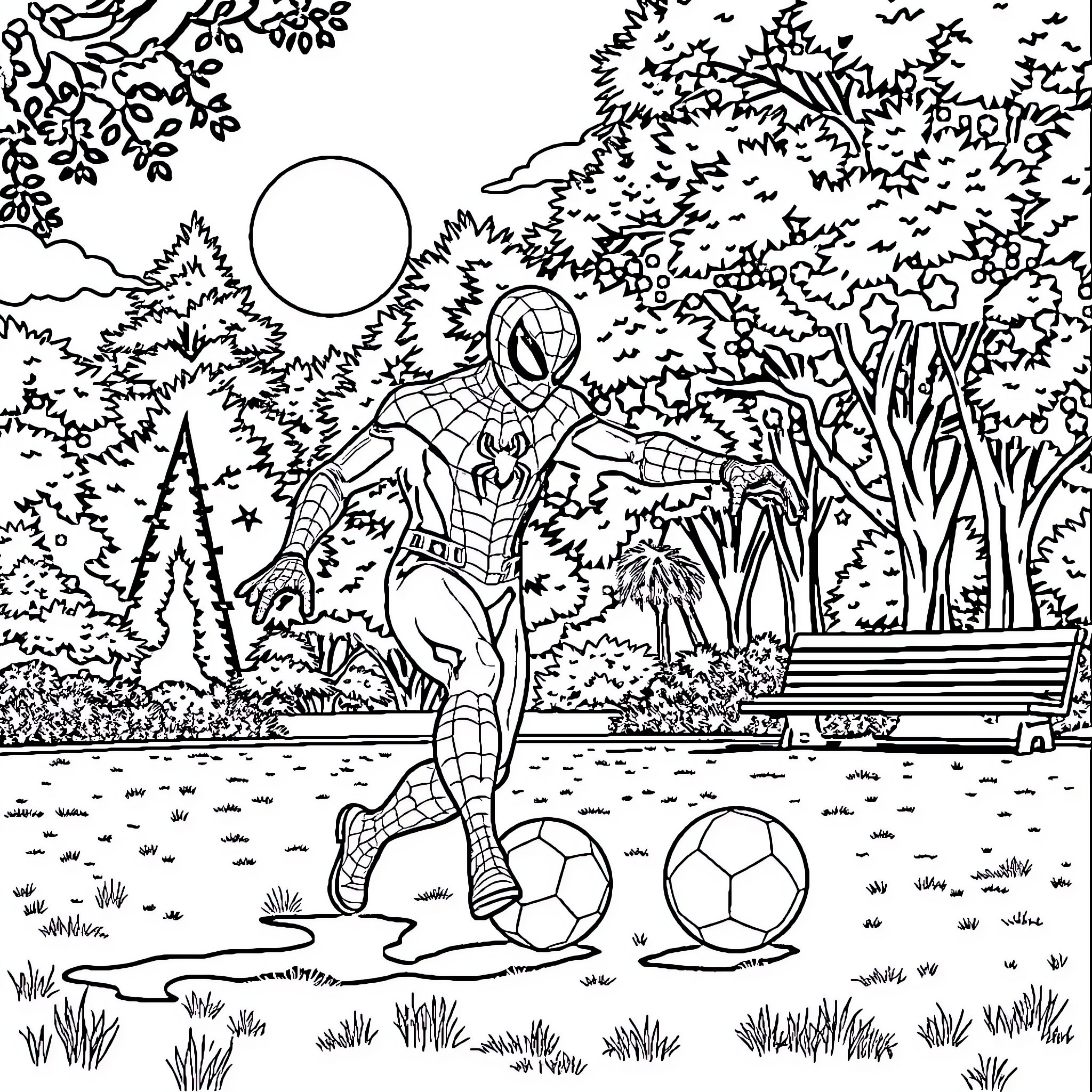 Spider-Man playing soccer in the park Coloring Page (free black-and-white line drawing printable PDF for all, from beginners to advanced learners, including children, teens, adults, and seniors)